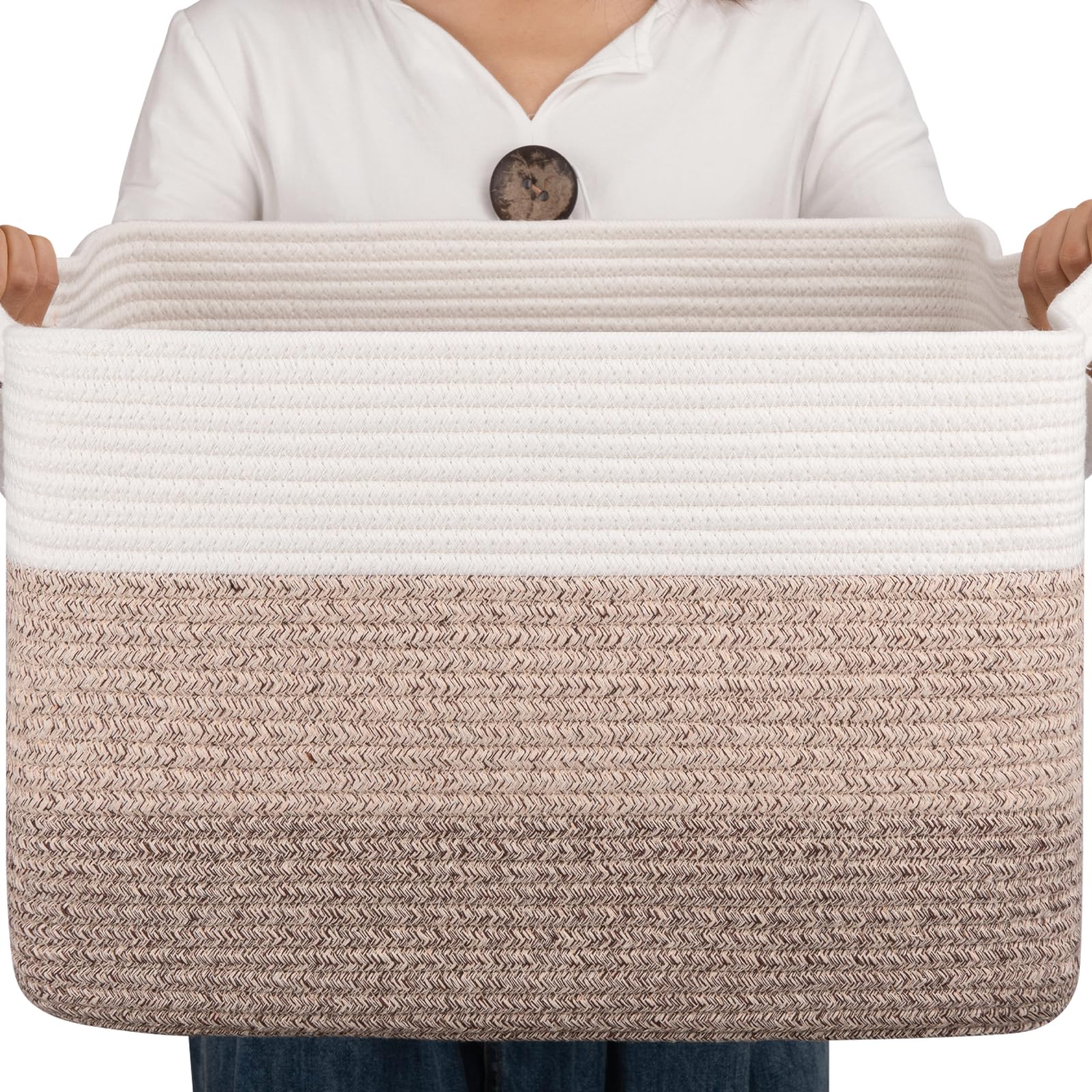 OIAHOMY Cotton Rope Basket, Rectangle Woven Baskets for Storage, Nursery Blanket Storage Living Room, Toy Basket With Handle-17.7”x13.8”x11”-Gradient Yellow