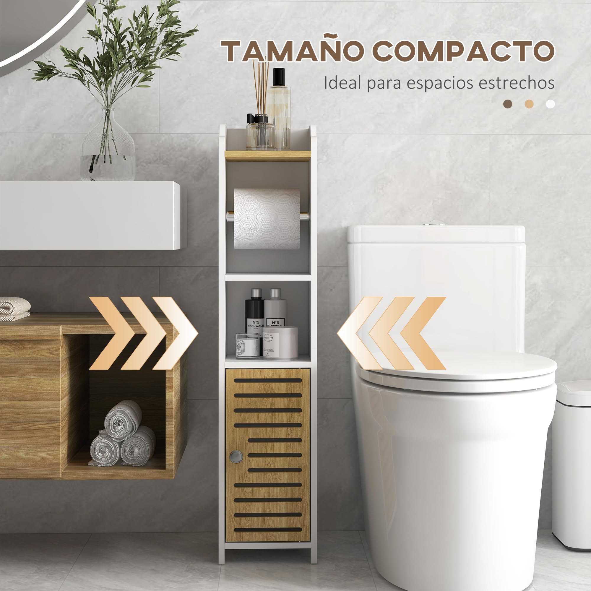 kleankin Armario de Baño Moderno con 1 Puerta 18x20x90 cm Blanco y Roble | Columna Auxiliar de Baño, con Estantes, Portarrollos de Papel, para Dormitorio Sala