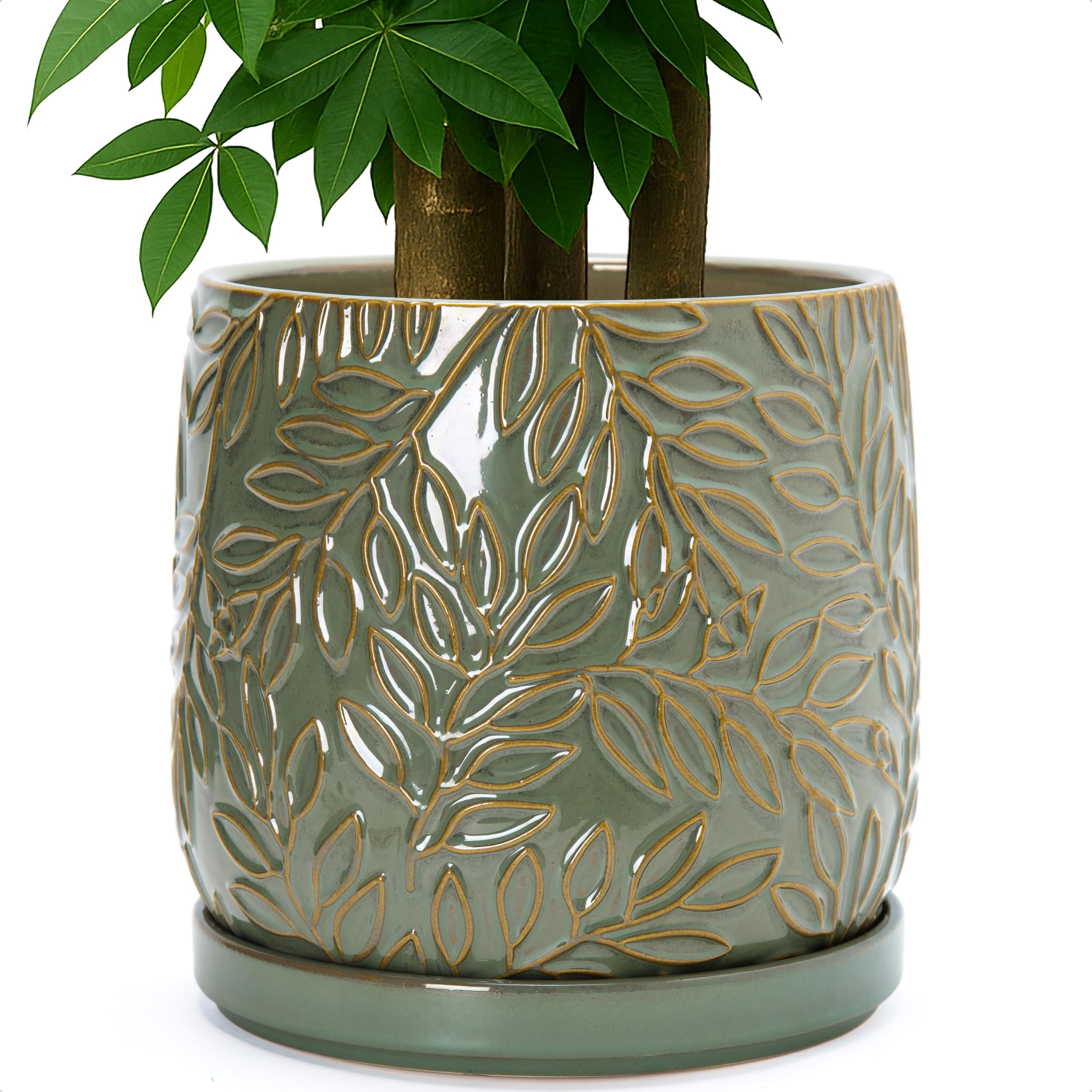 D'vine Dev 10 Inch Embossed Leaves Stoneware Planter Olive