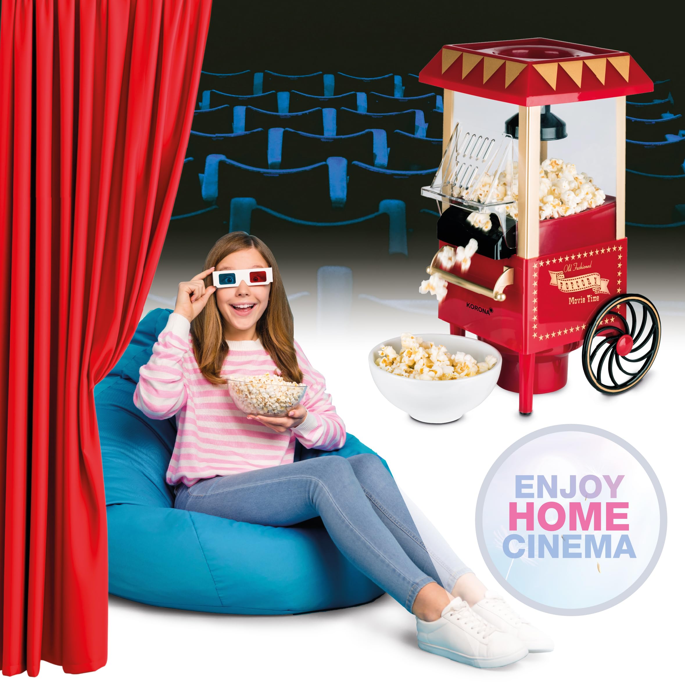 Korona 41100 Popcorn Macchina | Potente 1200 Watt | Popcorn fatti in casa per la serata del cinema a casa | Preparazione senza grassi | Design retrò