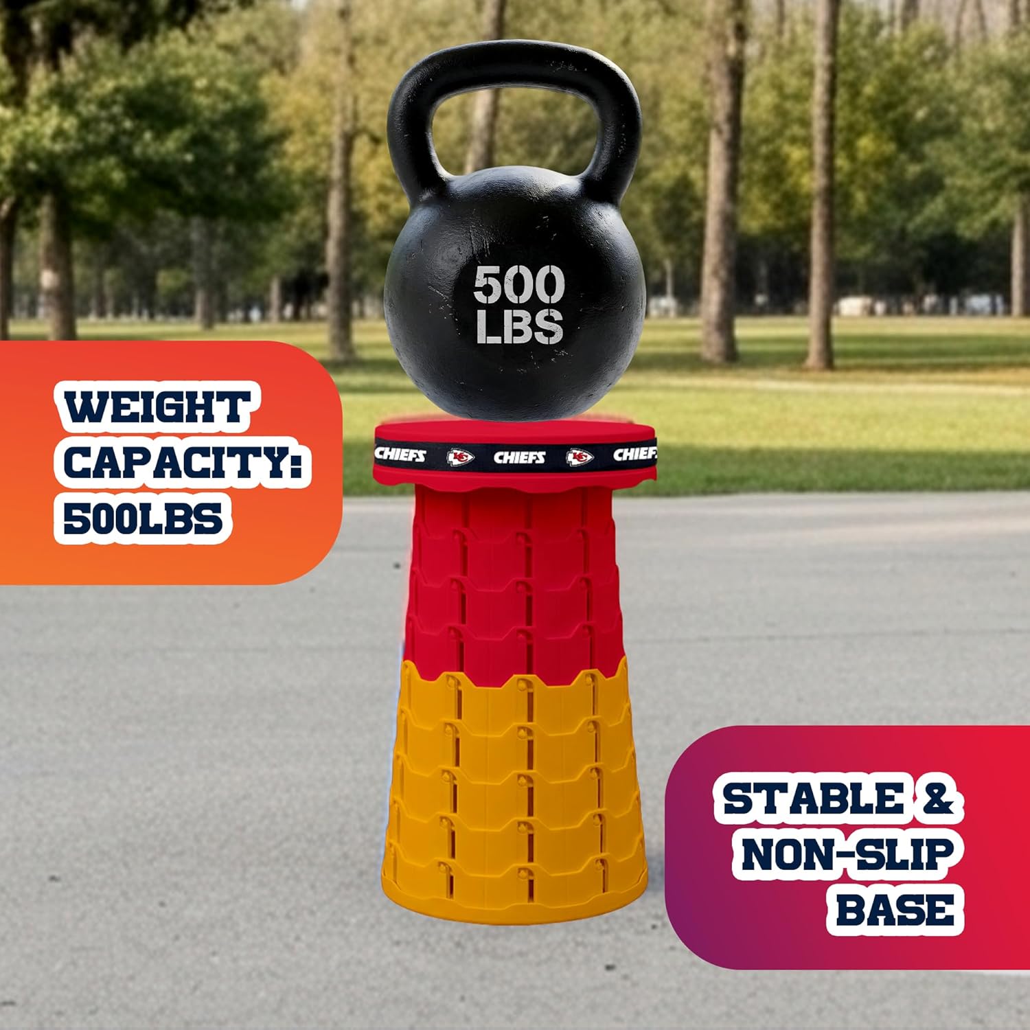 Sporticulture NFL Kansas City Chiefs Telescoping Collapsible Stool, Portable Adjustable Height Folding Camping Stool with Carry Strap, Retractable Stadium and Tailgate Seat 18Hx10Wx10D