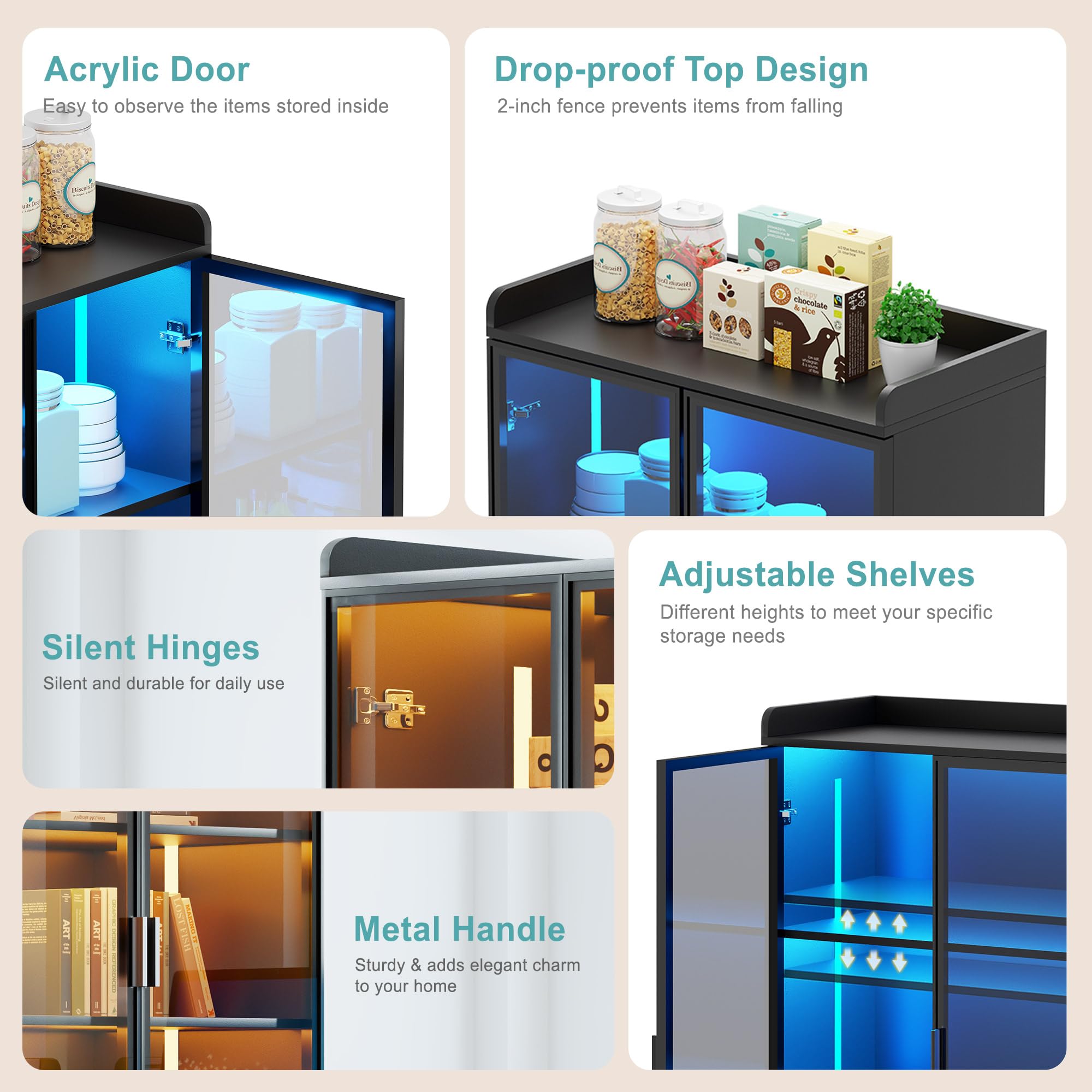 Lvifur Led Vitrine Buffetschrank Sideboard, 35 × 70 × 165 cm Smart Vorratsschrank 3 Farben Dimmbares Sideboard Intelligente Sensorik Vitrinenschrank Wohnzimmer （Black）