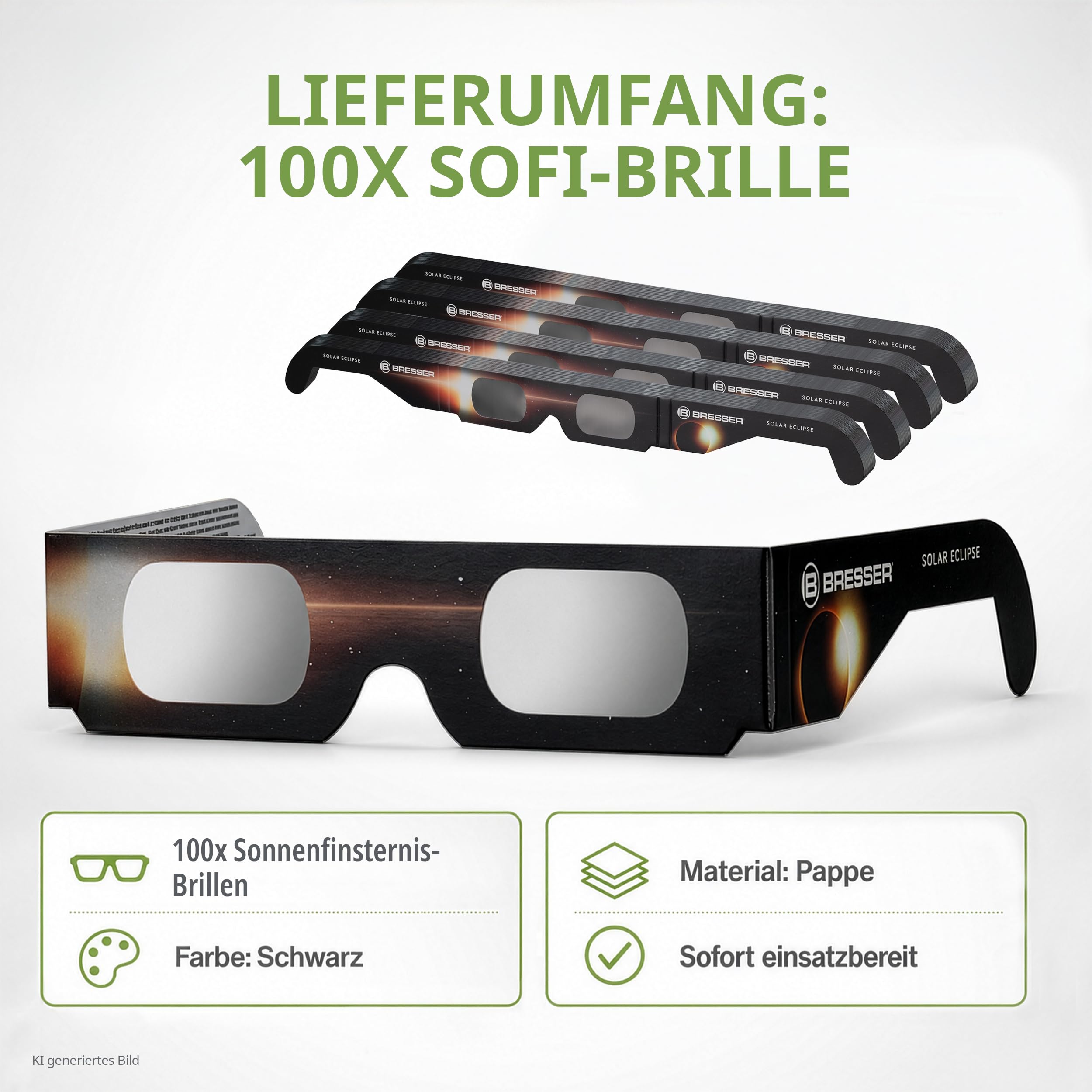 Bresser Sonnenfinsternis Brille CE-zertifiziert ISO 12312-2 100 Stück | Absolut sicher, bereit für die Sonnenfinsternis 2026, 2027, 2028, hellgelbes Sonnenbild, UV und IR Schutz, Made in USA