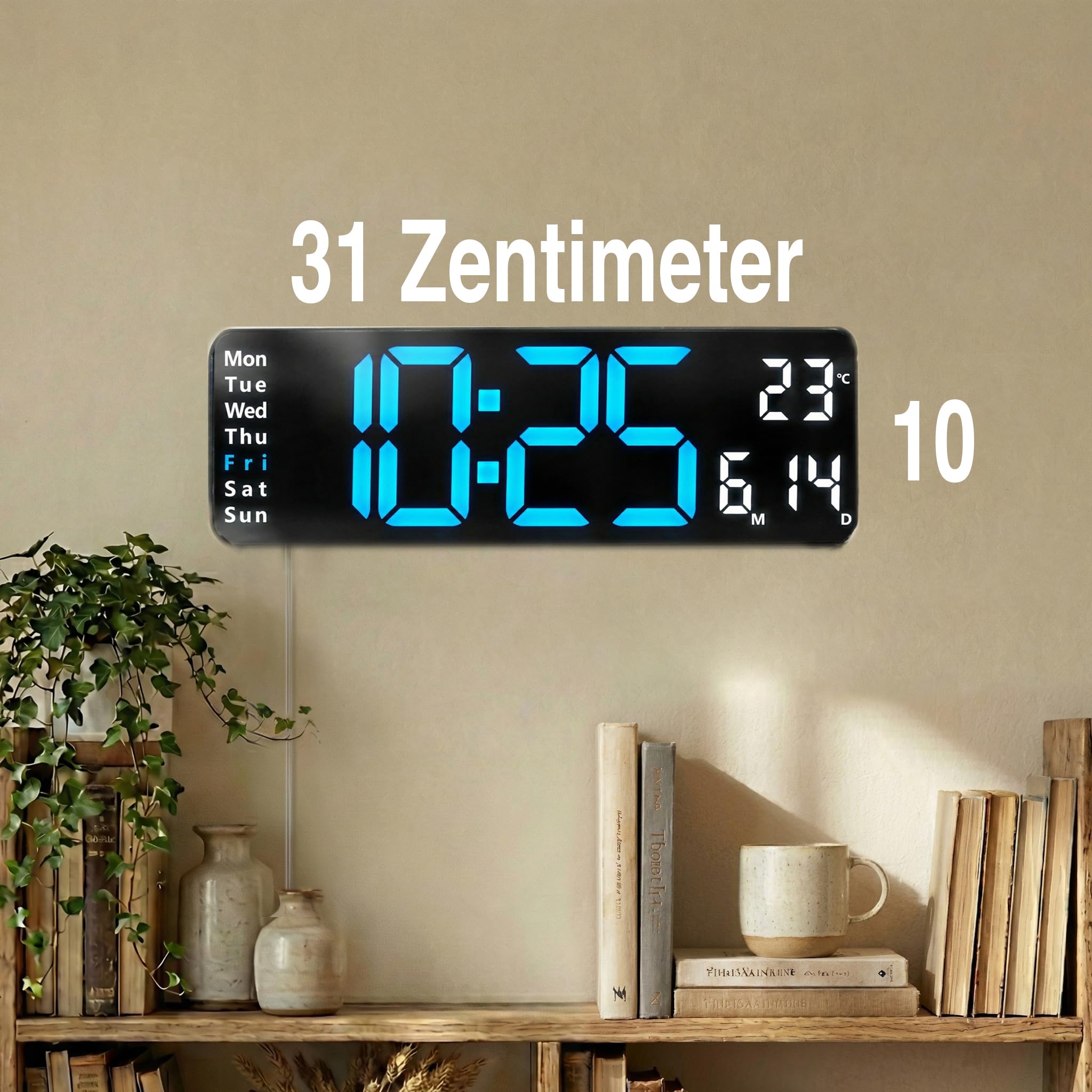 Opis Technology Clock 1 XL - Digitale Wanduhr - Retro LED Wand Uhr mit Fernbedienung, Timer & Wecker, Temperaturanzeige, dimmbares Display, Blau/Weiß