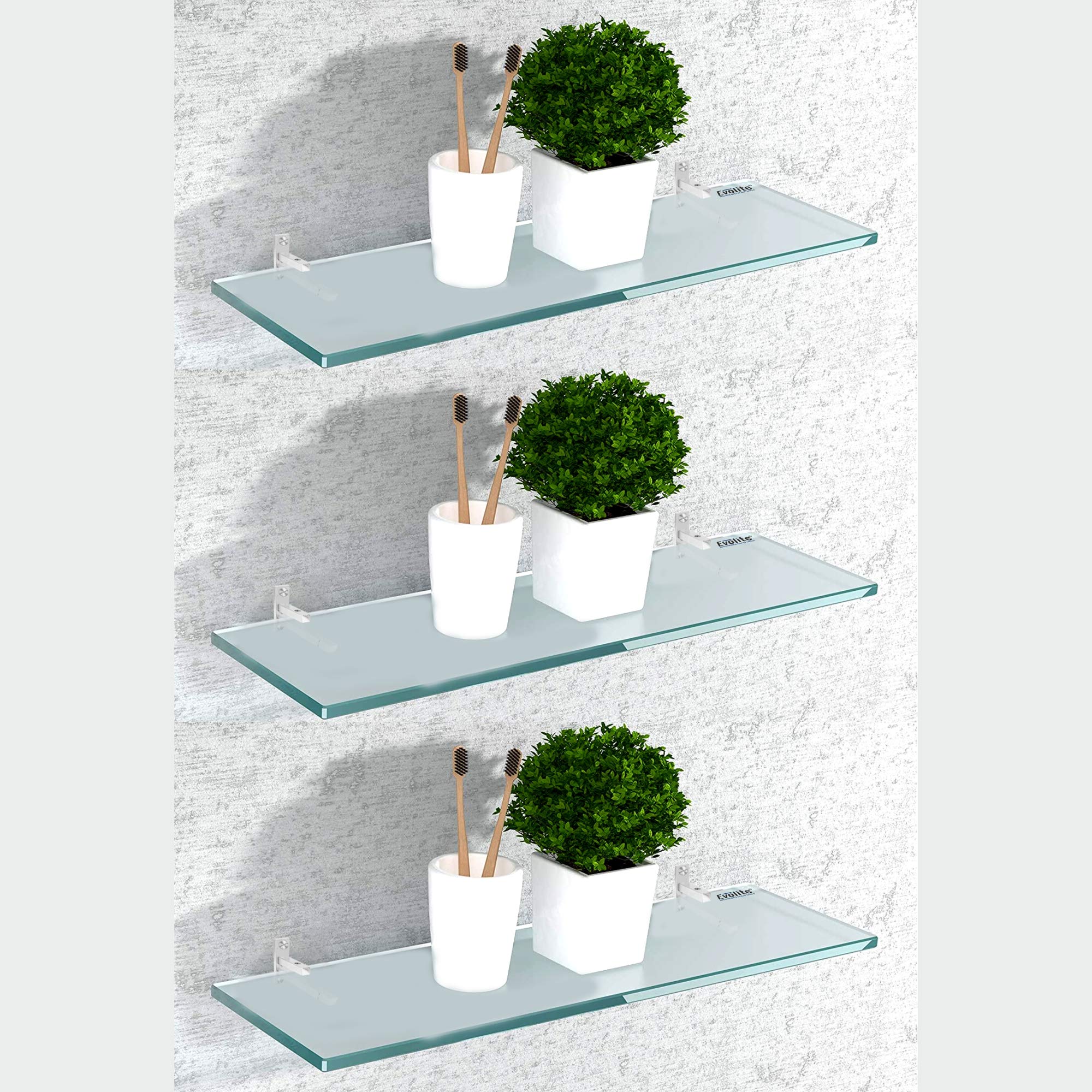 Evolite Tempered Glass Shelf for wal Living Room Corner and Rectangle Stand for Bathroom Racks & Shelves, Storage Shelf Wall Mounted Corner with Fitted Brackets(5 x 18 inch)(Pack of 3)
