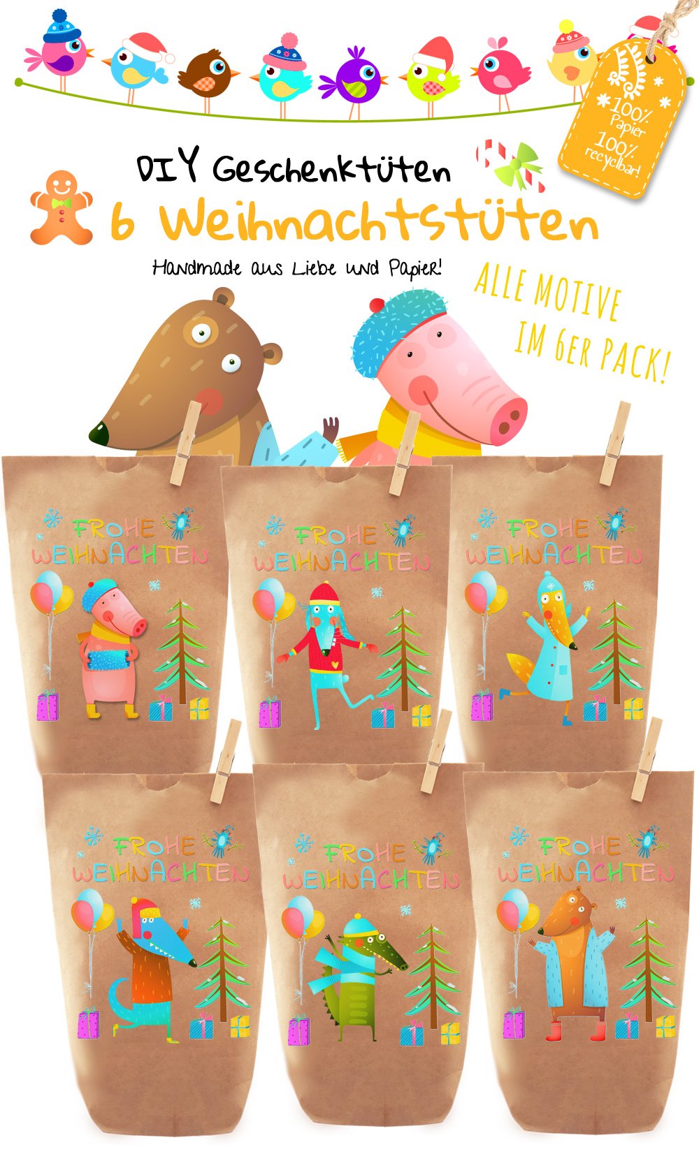 6x Weihnachtliche Geschenktüten Aus Kraftpapier – 14x22 Cm, Mit Holzklammern, 100% Recycelbar