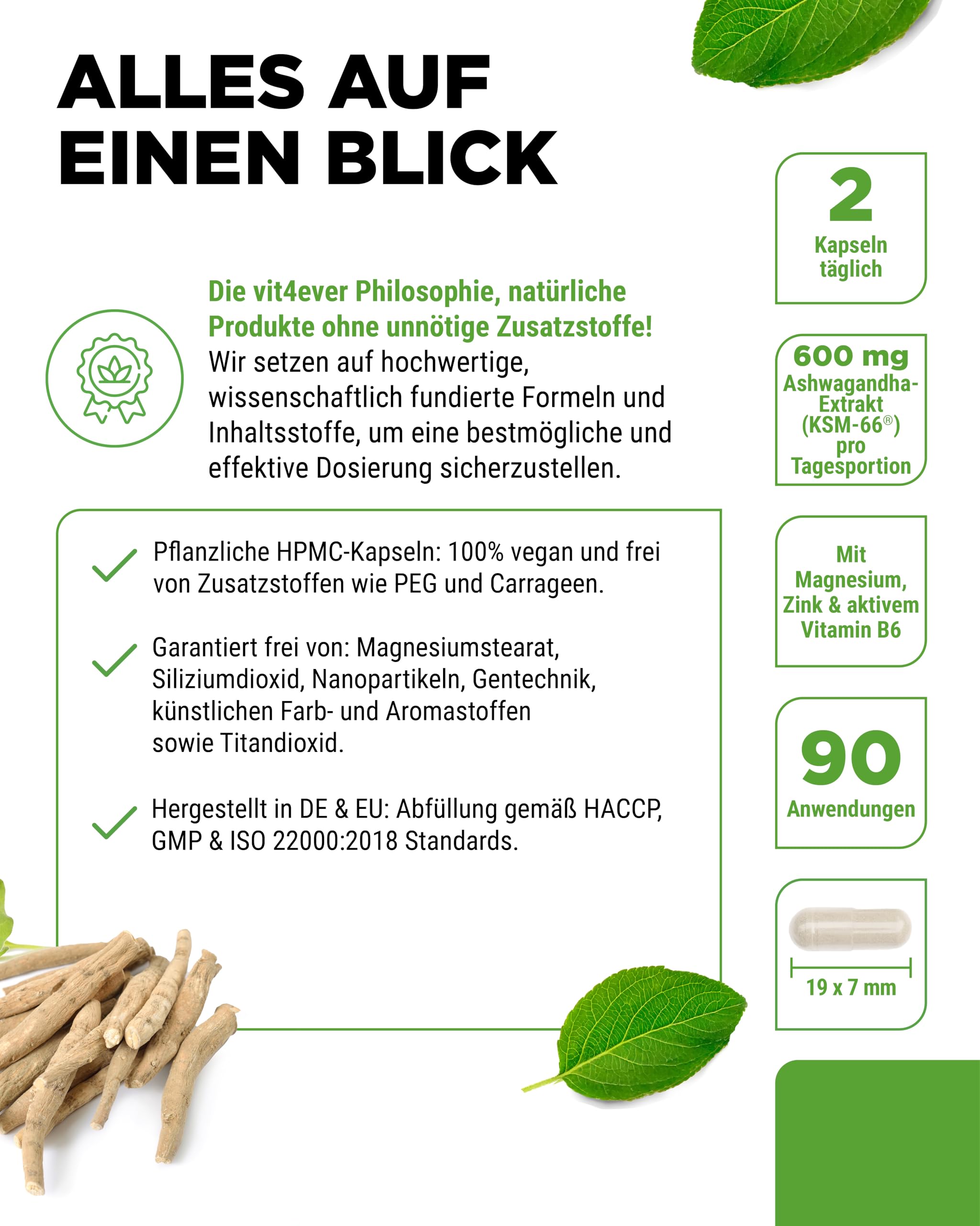 vit4ever Ashwagandha KSM-66® Komplex - 180 Kapseln - 600 mg | Mit Magnesium, Zink & Vitamin B6, ohne Zusätze, hochdosiert, vegan