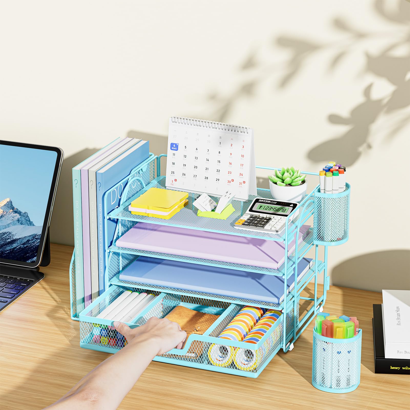 Marbrasse Organizer da scrivania e accessori, vassoio per lettere a 4 ripiani con porta documenti, accessori da scrivania e organizer per spazi di lavoro con cassetto e 2 portapenne (blu, 39,1 x 23,1