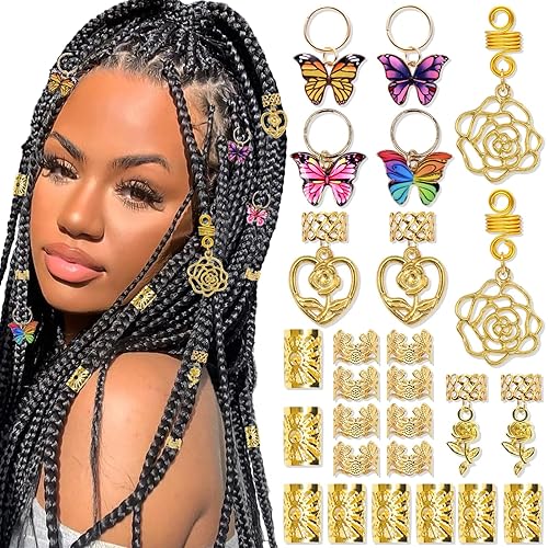 VENOFEN 30 piezas de joyería de mariposa para el cabello, clips de trenzas doradas, dijes de flores de Loc, dijes de metal para el cabello, anillos