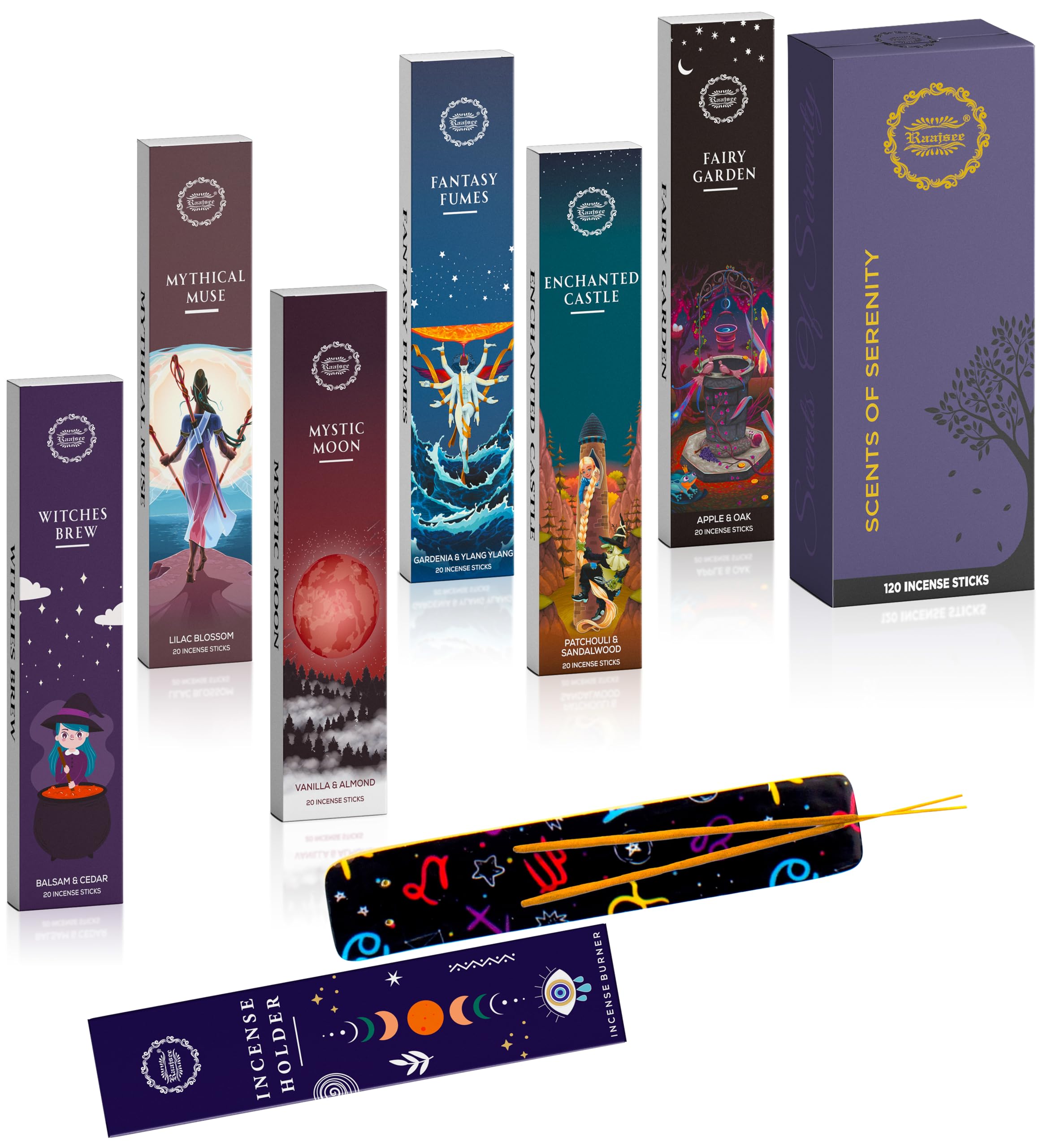 Raajsee Natural Incense Sticks with Inscent Holder, Pack of 6 Organic Insence-Sticks, 120 Incent Sticks, No Black Smoke,Witchy Gifts, Balsam & Cedar, Sandalwood, Apple Oak, Ylang Ylang, Vanilla
