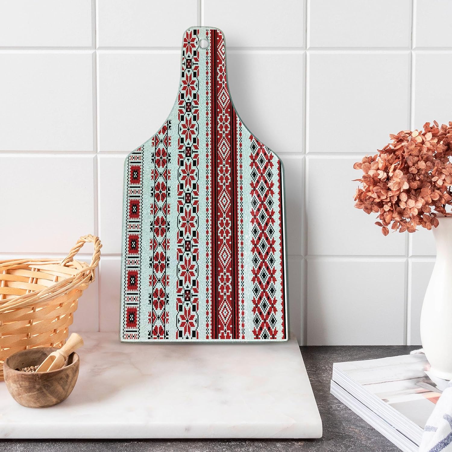 Ambesonne Red Cutting Board, Ukrainian Needlework Illustration Ethnic Traditional Accents Arts and Crafts Theme, Decorative Tempered Glass Cutting and Serving Board, Wine Bottle Shape, Red Black White