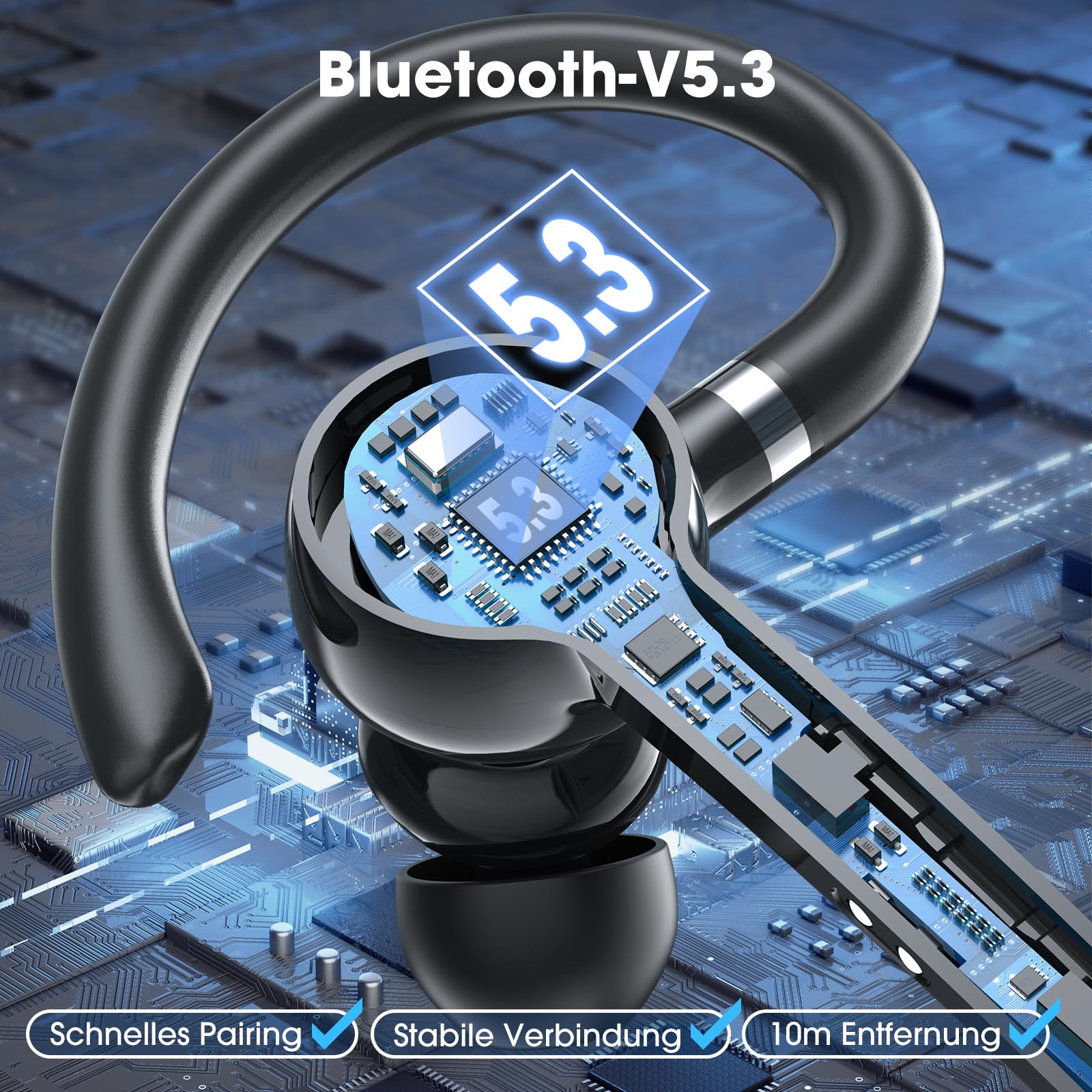 Bluetooth Headset In-Ear Kabellos Bluetooth 5.3 10m Reichweite 10 Std Sprechzeit Schwarz