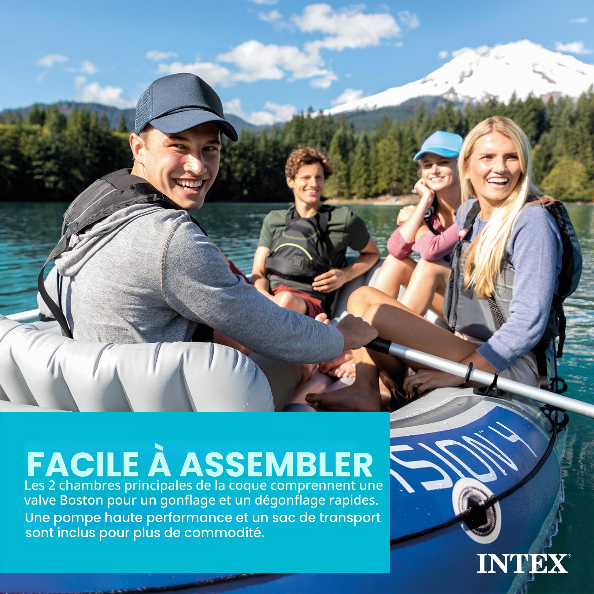 Intex Excursion 4 Bateau gonflable pour 4 personnes avec rames en aluminium et pompe à air à haut rendement
