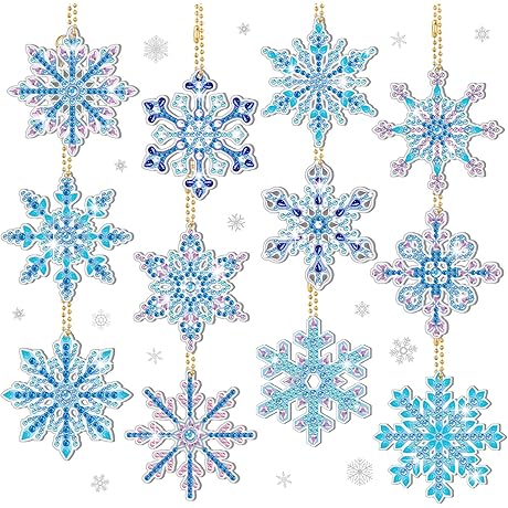 12-Piece Snowflake Diamond Art Keychains: Festive Christmas Craft Activity