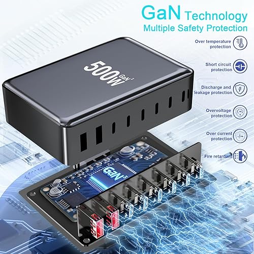 Miniatura 5 de Bloque de cargador USB C de 500 W, estación de carga rápida USB de 8 puertos, estación de carga dual PD 100 W GaN y Pro para múltiples dispositivos,