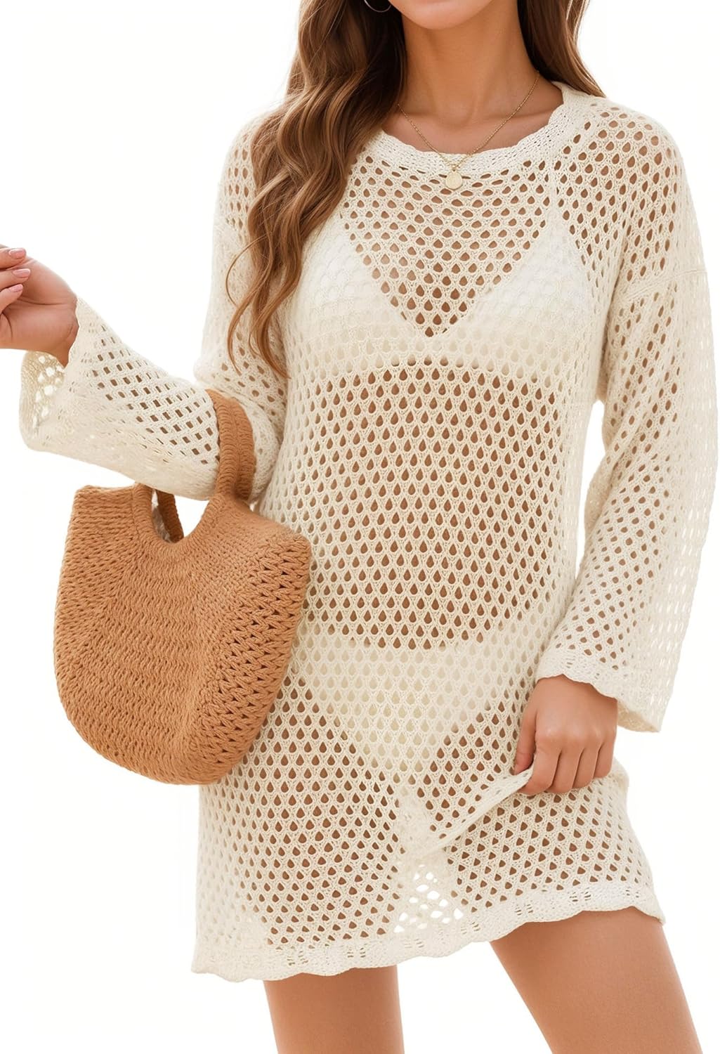 MANGOPOP Crochet Cover Up Swimsuit Coverup for Women 2026 Summer Bathing Suit Swimwear Mesh Knit Beach Dress Vacation Outfits
