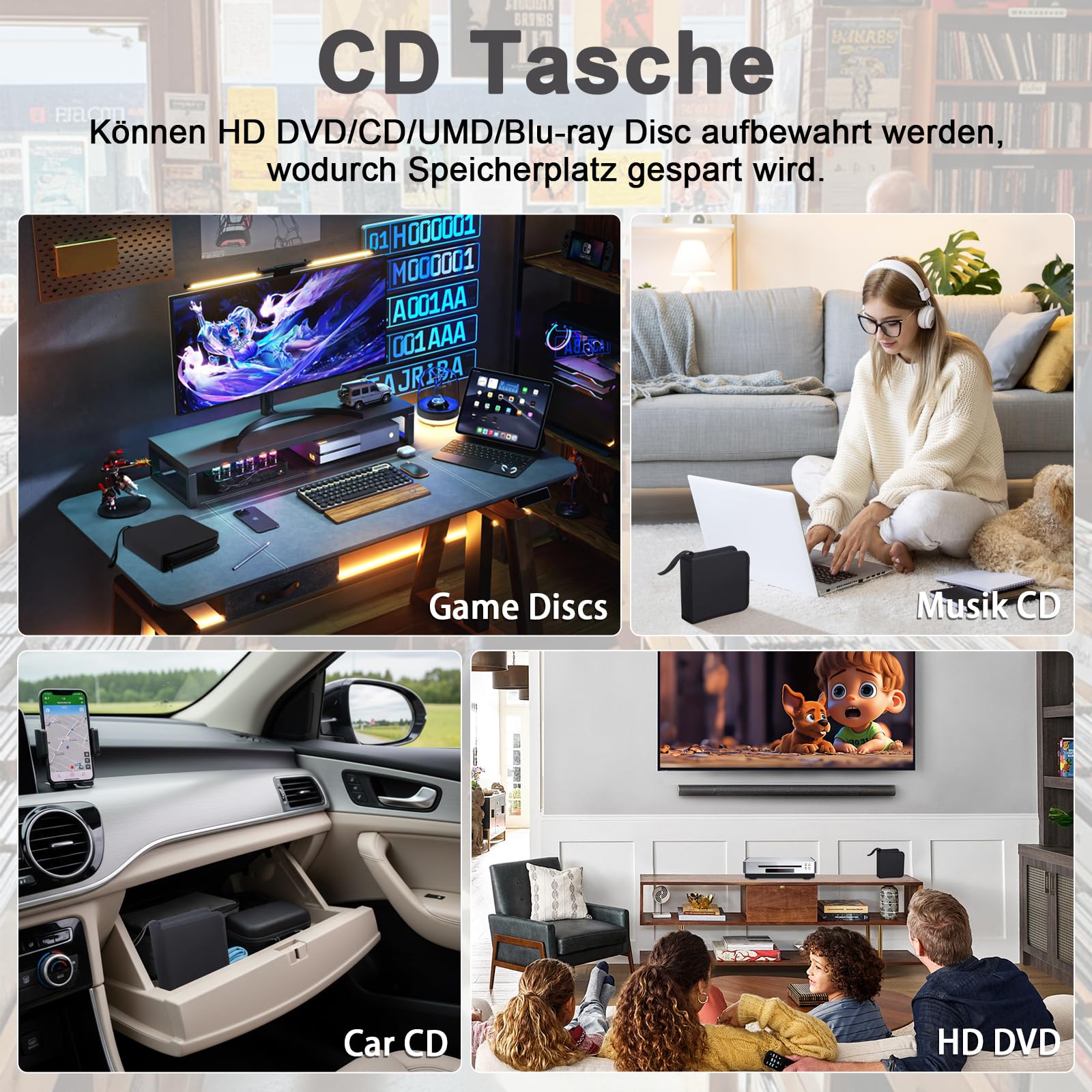 Porta CD Custodia, Custodia per 44 CD, Supporto per Custodia per Organizer per Dischi Protettivi per Viaggi in Auto, Nero