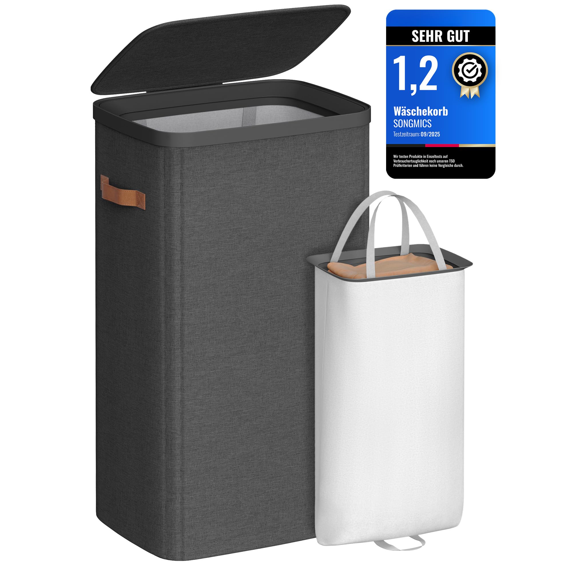 SONGMICS Wäschekorb, 100 L Wäschesammler, Wäschetonne, leichter Aufbau, mit Deckel und Griffen, herausnehmbarer Wäschesack, 42 x 32 x 75 cm, tintenschwarz LCB811BH01