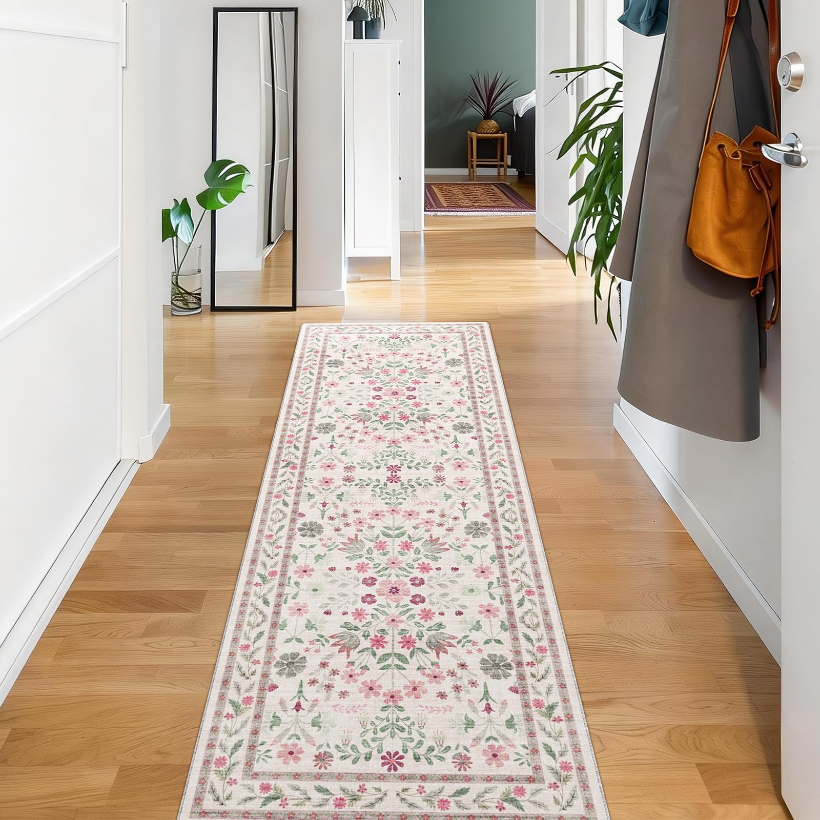 Rugs Living Room 60x180cm, Vintage Floral Rug, Washable Rug & Non-Slip Low Pile Carpet, Soft Boho Large Rugs, Garden Runner Rug for Bedroom, Kitchen, Entryway, Hallway, Dinning Room, Light Pink — image 1
