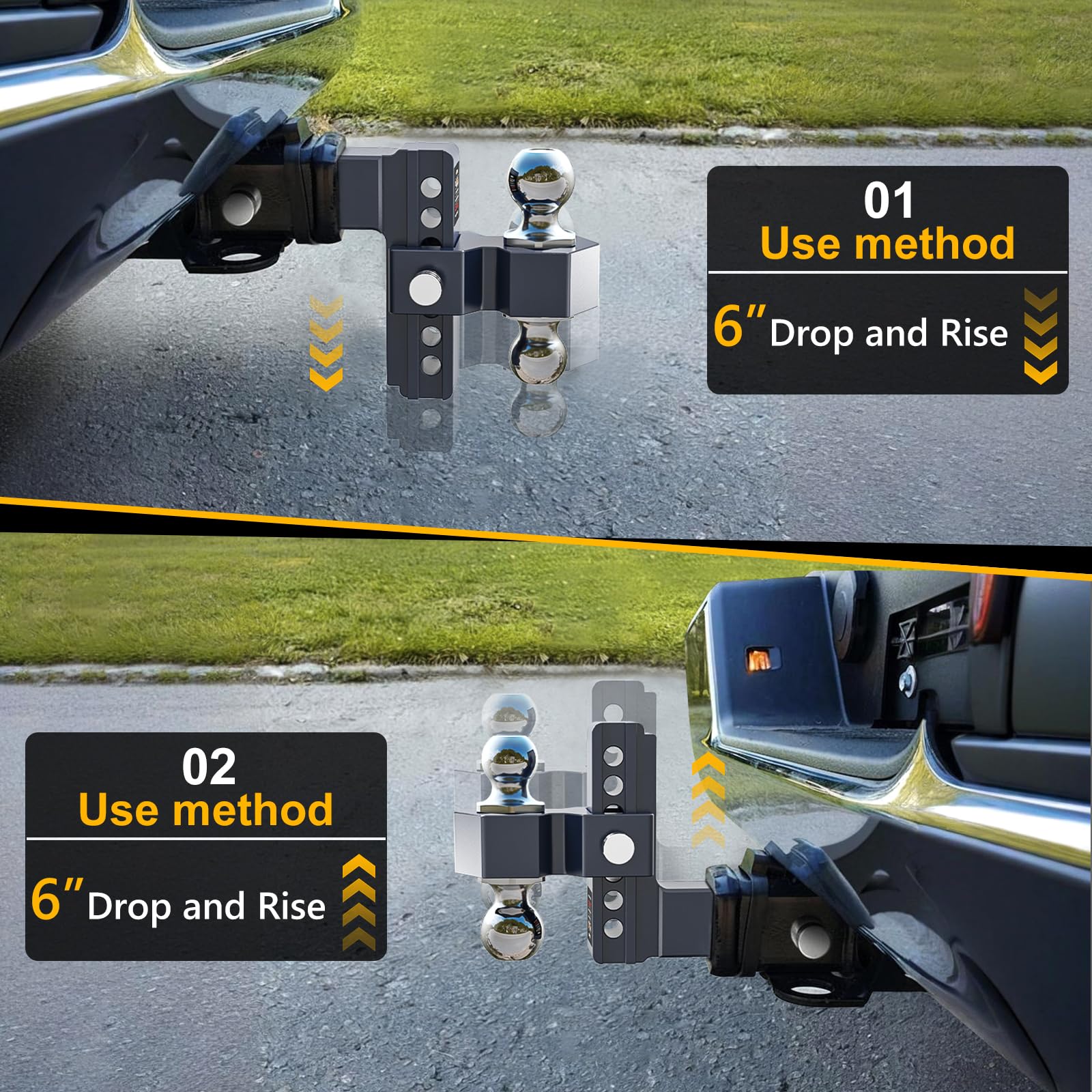 Adjustable Trailer Hitch, Drop Hitch for 2.5 Inch Receiver, 6 inch Aluminum Truck Hitch, 2 and 2-5/16 inch Balls, 18,500 LBS GTW, Tow Hitches with Two Anti-Theft Locks — view 4