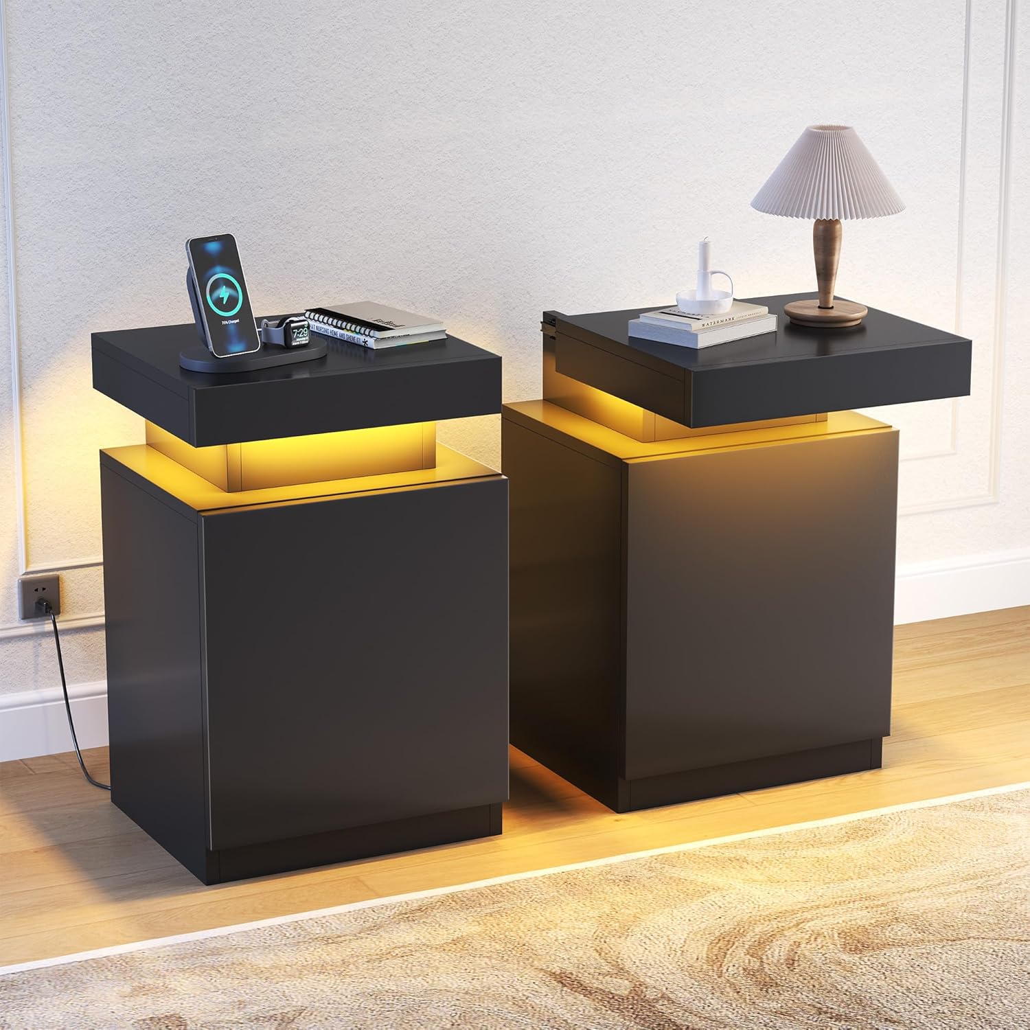 MXV Nightstand with LED Lights & Charging Station, Black Bedside Tables with USB Ports, Storage Cabinet & Drawers for Bedroom, Modern End Tables for Living Room