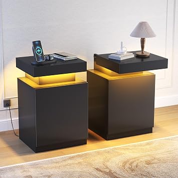 MXV LED Nightstands Set of 2 with Charging Station, Bedside Table, Black