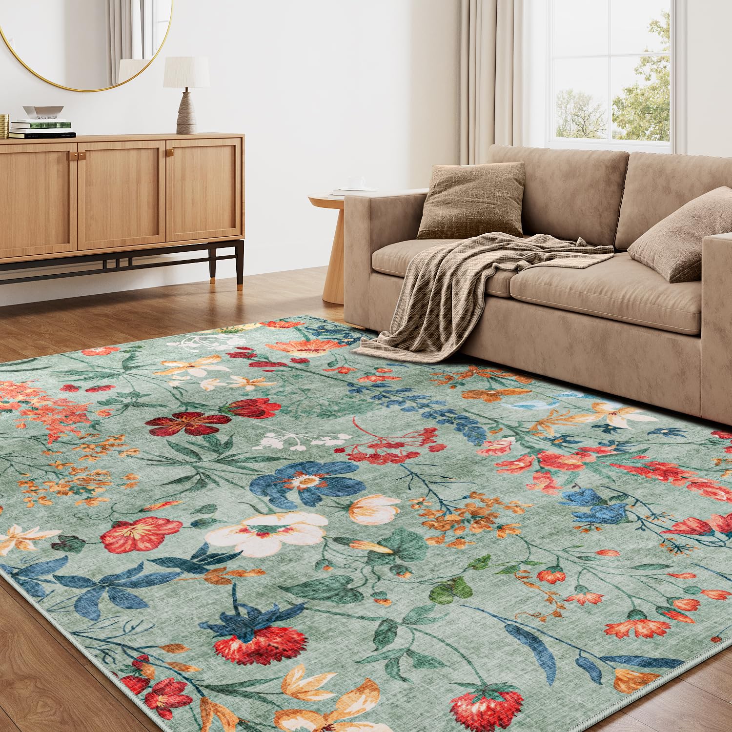 HUGEAR Verde Tappeto Salotto 160x230cm Camera Da Pranzo Antiscivolo Tappeti Lavabile In Lavatrice Carpet Moderno Motivo Floreale Esterno Pelo Corto Misure Grandi Cameretta Sala Rug