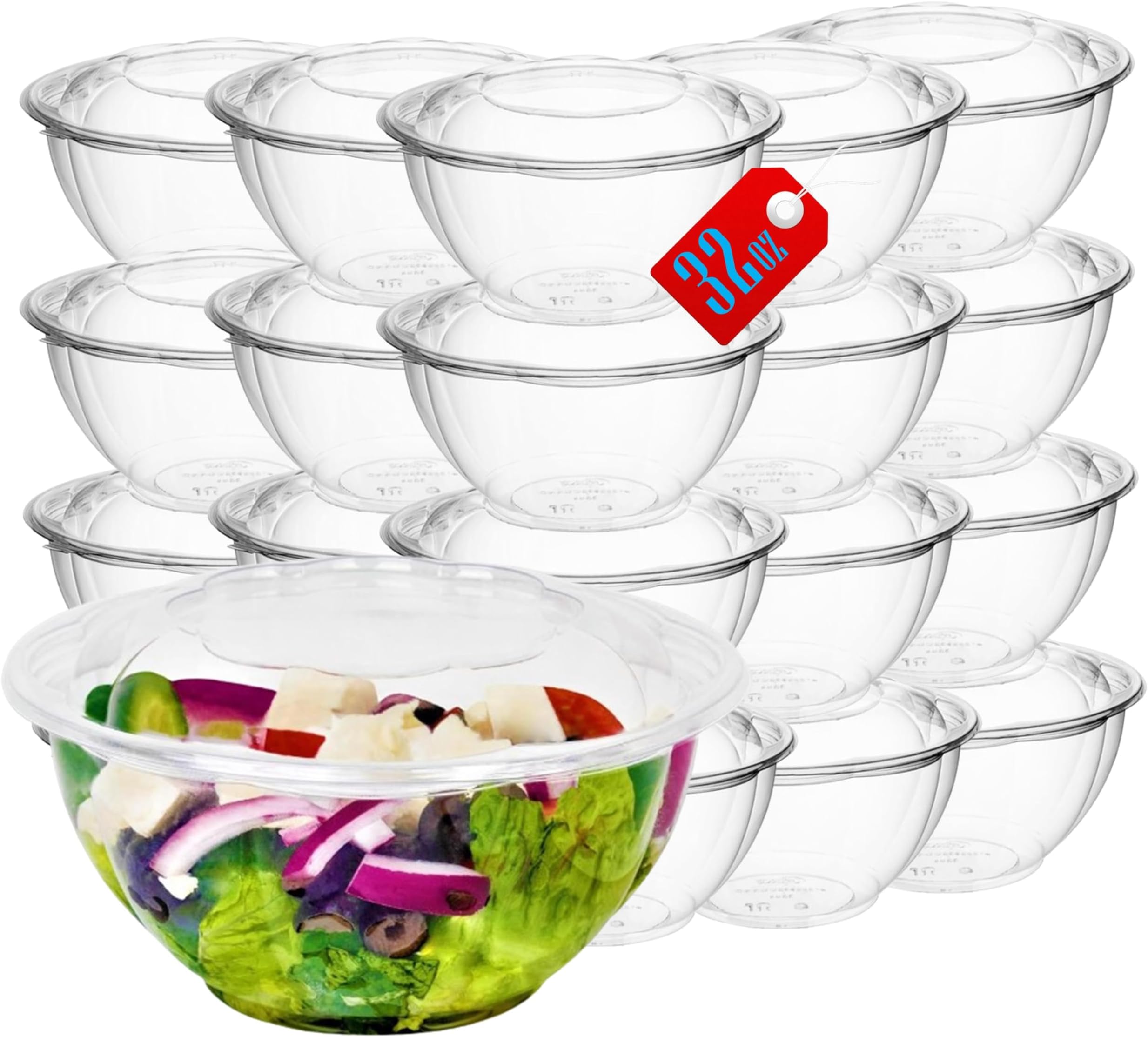 Clear 32oz Plastic Salad Bowls with Snap-On Lids(50 Pack)-Airtight Disposable Salad Containers for Lunch, Meal Prep & Parties- Ideal as Disposable Salad Bowls with Lids & Plastic Salad Bowl with Lid