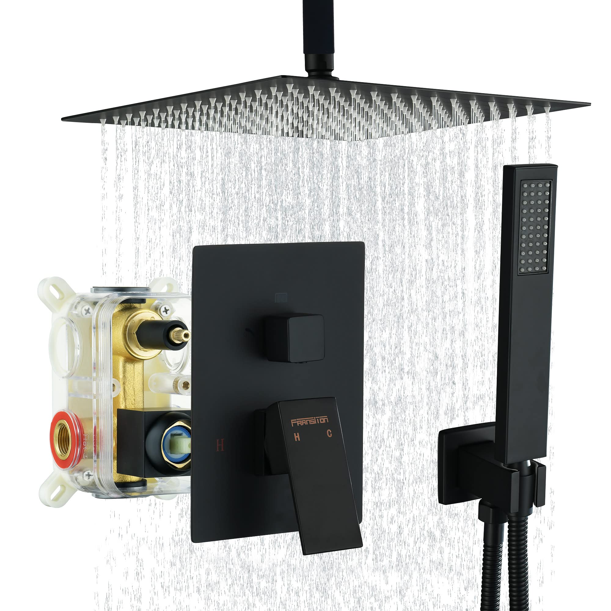 Fransiton 10 Inches Matte Black Shower System Rain Shower System Set Ceiling Mounted, Rainfall Shower Head with Handheld, Bathroom Shower Kit (Valve Included)