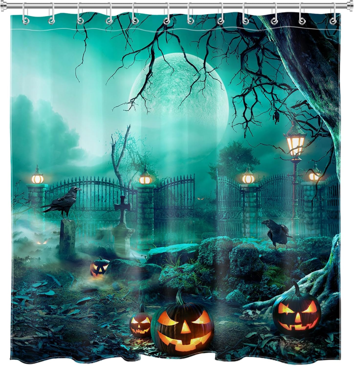Halloween Shower Curtain and Bathroom Rugs, Black Crow and Pumpkin in Horror Graveyard Forest Shower Curtain with Bath Mat, Spooky Dead Tree Shower Curtain Set, 72X78Inches