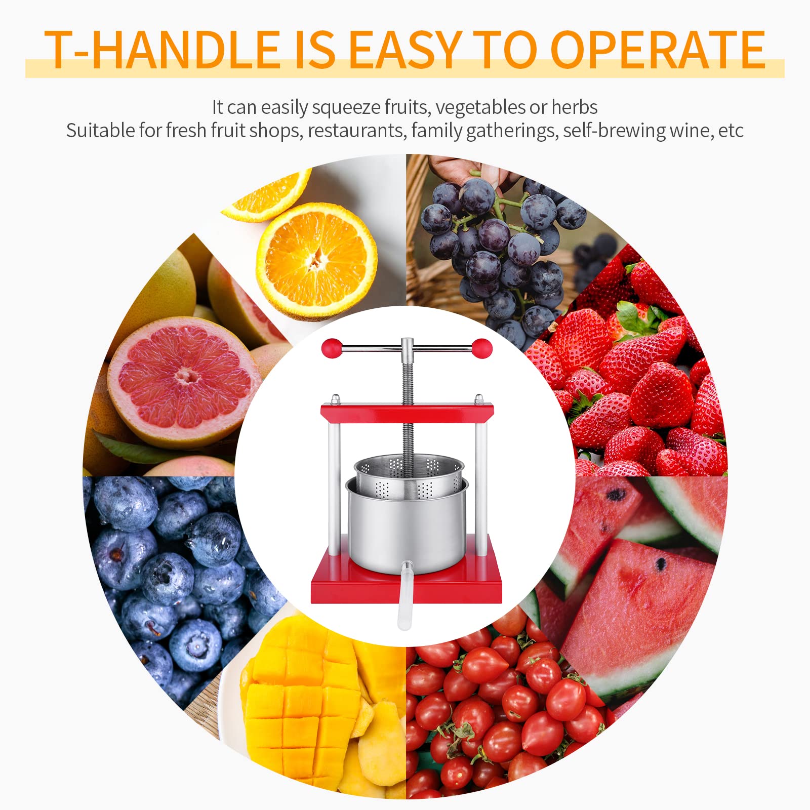 LILIIN 3 Liter Edelstahl Obstpresse Manuell, 430 Stahl Fruchtpresse Weinpresse, Pressung für Trauben, Obst, Fleisch, Herbs, Käseherstellung, inkl. Auffangtopf mit Auslaufrohr(3L)