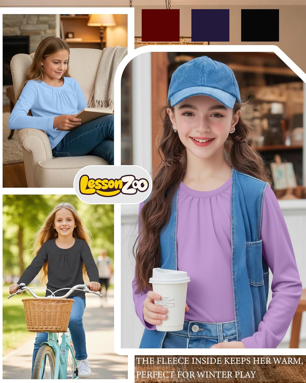 3 Packs Girls Long Sleeve Thermal Shirts Round Neck Fleece Lined Tops Base Layer Soft Basic Tees Warm Plain Clothes