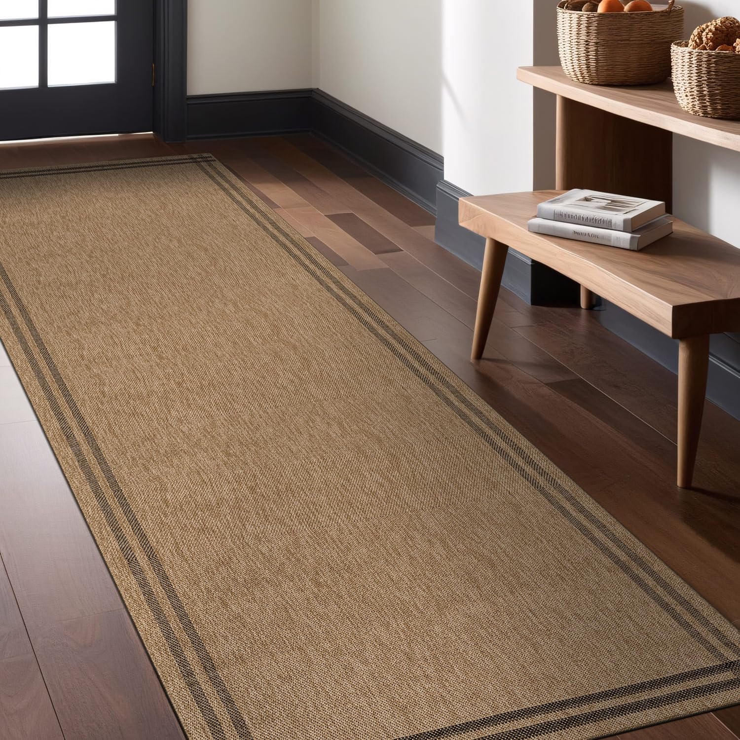 Luul Home Easy Jute Rugs 2x7 Bordered Natural Color Living Room Indoor Outdoor Runner Rug for Patio and Kitchen Rug High Traffic Washable Easy to