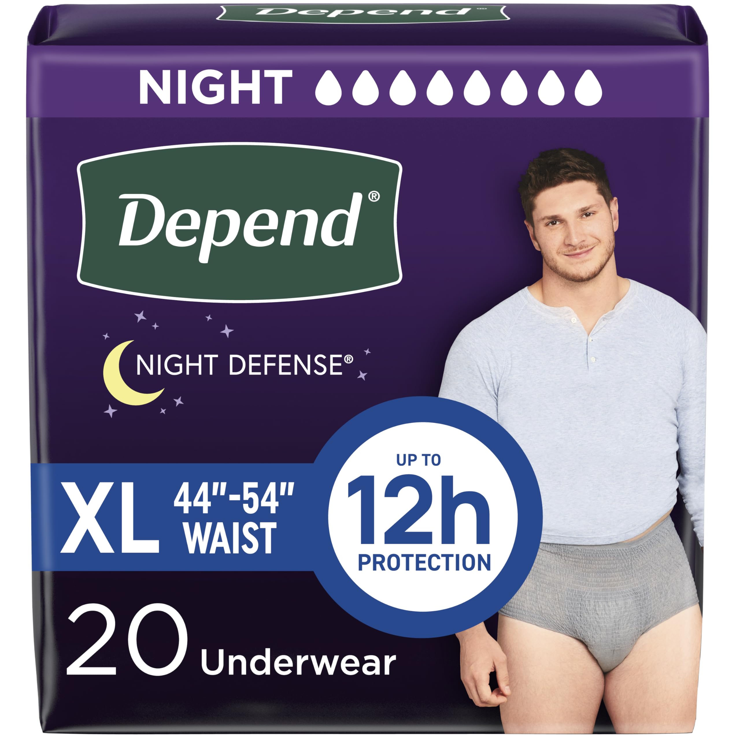 Depend Night Defense Adult Incontinence Underwear for Men, Disposable, Overnight, Extra-Large, Grey, 20 Count, Packaging May Vary