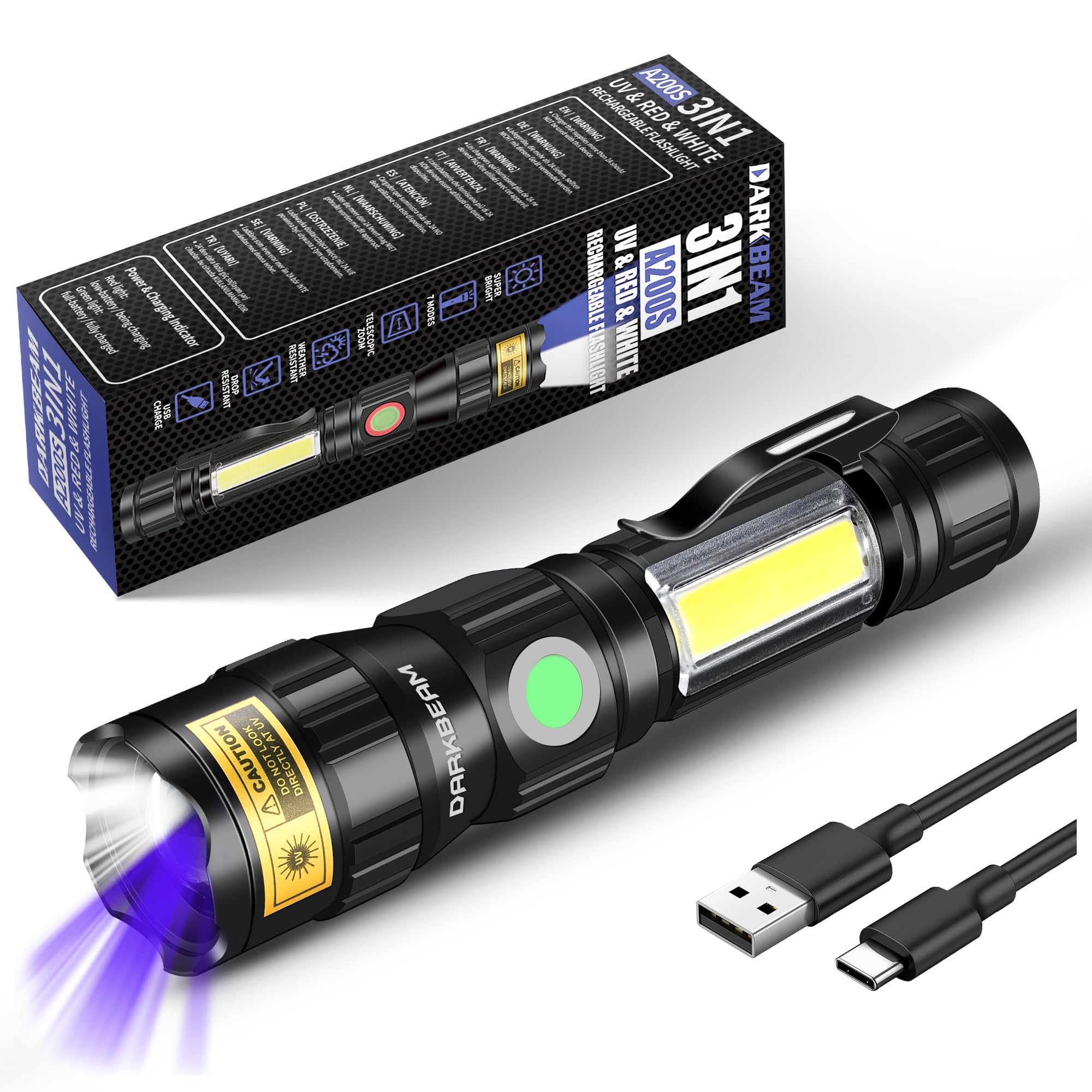 DARKBEAM UV 365nm Flashlights USB Rechargeable LED 3 in 1