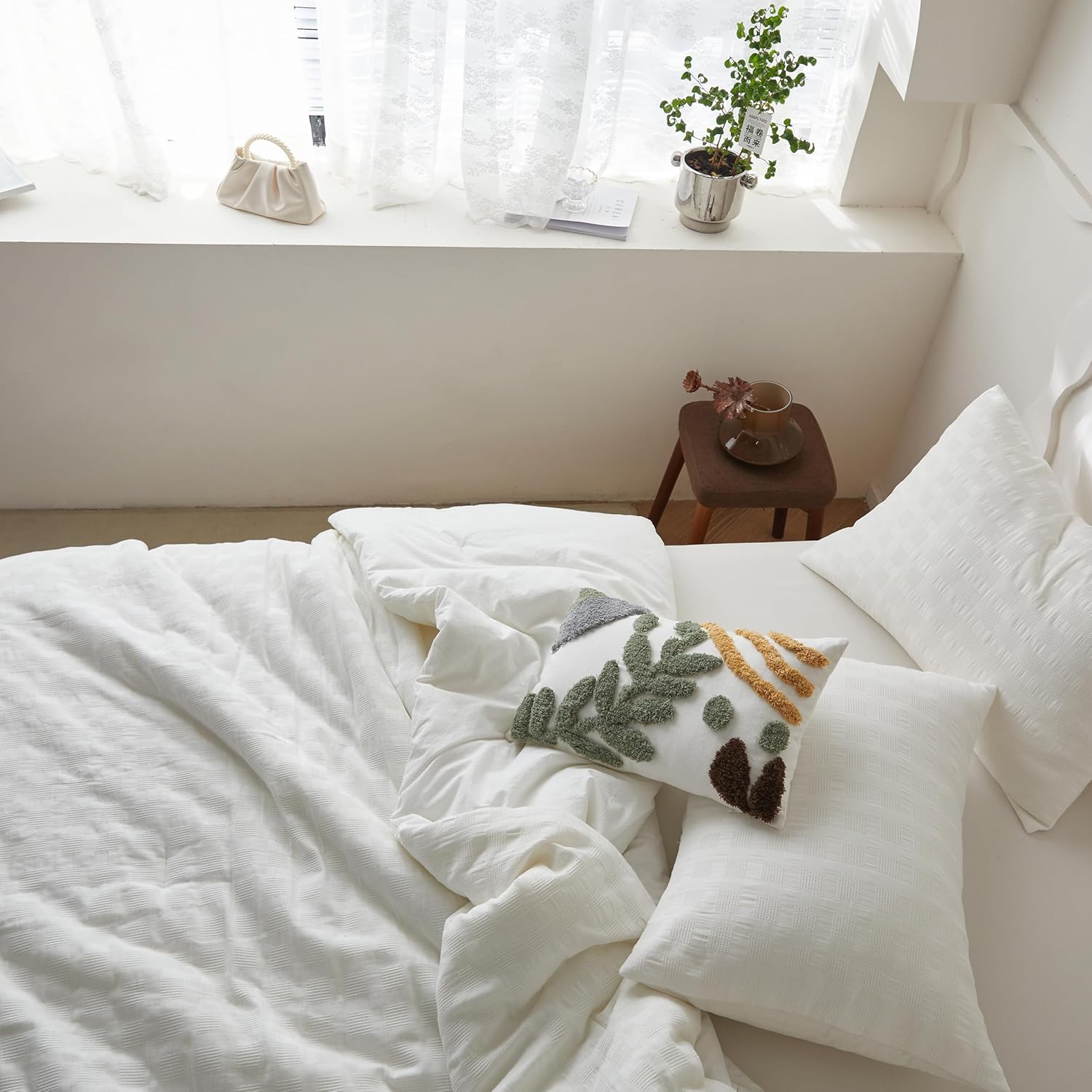 Simple&Opulence 100% Cotton Waffle Weaving Comforter Set-3 Pieces Bedding Set(1 Comforter and 2 Pillowcases), Lightweight Soft Breathable Comforter Bed Sets for All Season(White, Queen)