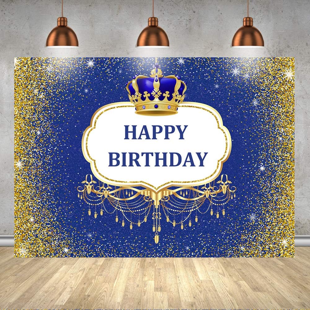 7x5ft Prince Imperial Crown Happy Birthday Backdrop Glitter Gold Shining Sequins Photo Background Blue Royal Diamond Sparkling Dots Photography Banner Glamour Event Photo Booth Decorations
