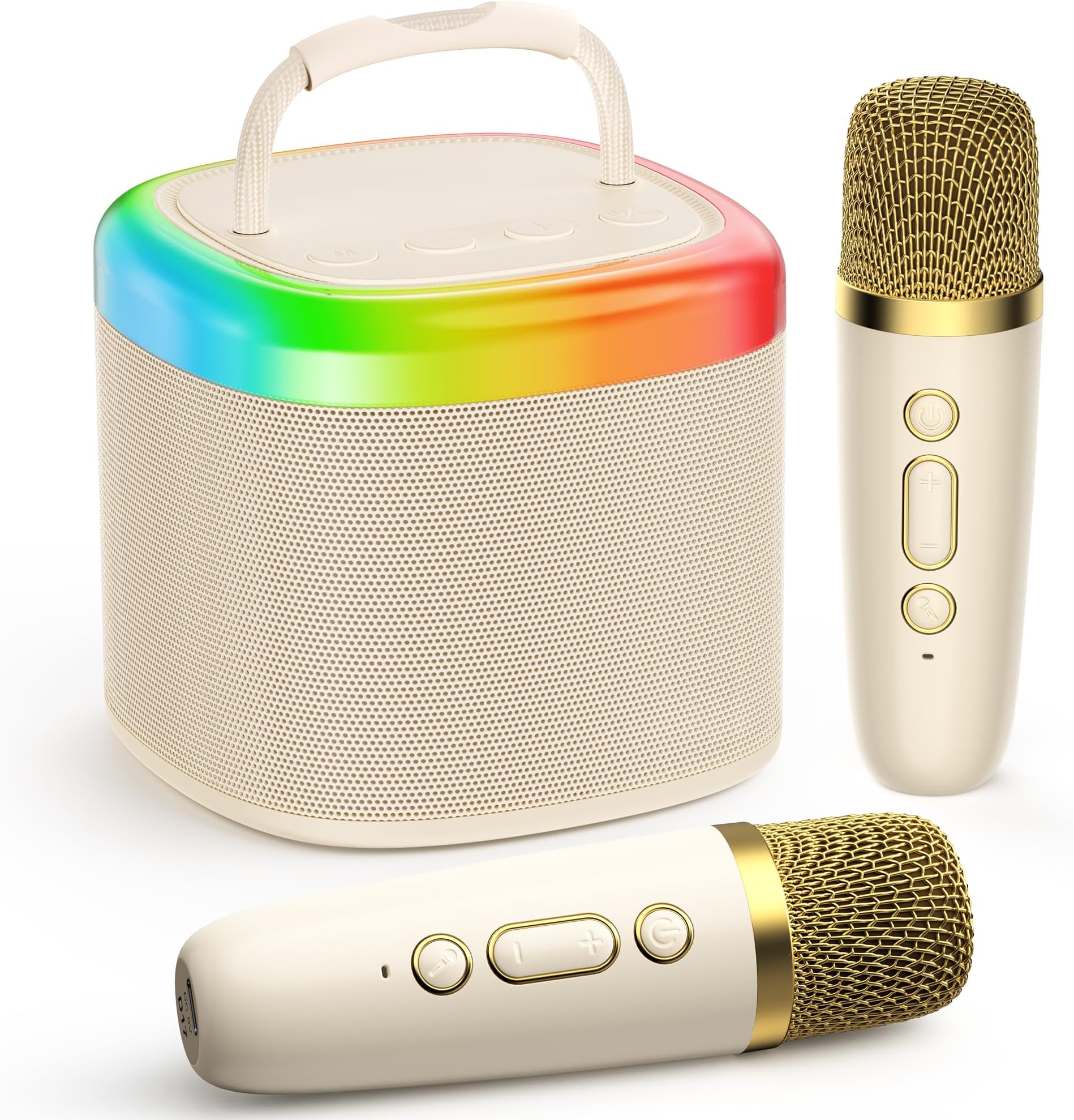 Mini Karaoke Machine for Kids, Portable Bluetooth Karaoke Speaker Unpowered Cabinets with 2 Wireless Microphones and Party Lights for Adults, Birthday Gifts for Girls Boys Family Home Party(Beige)