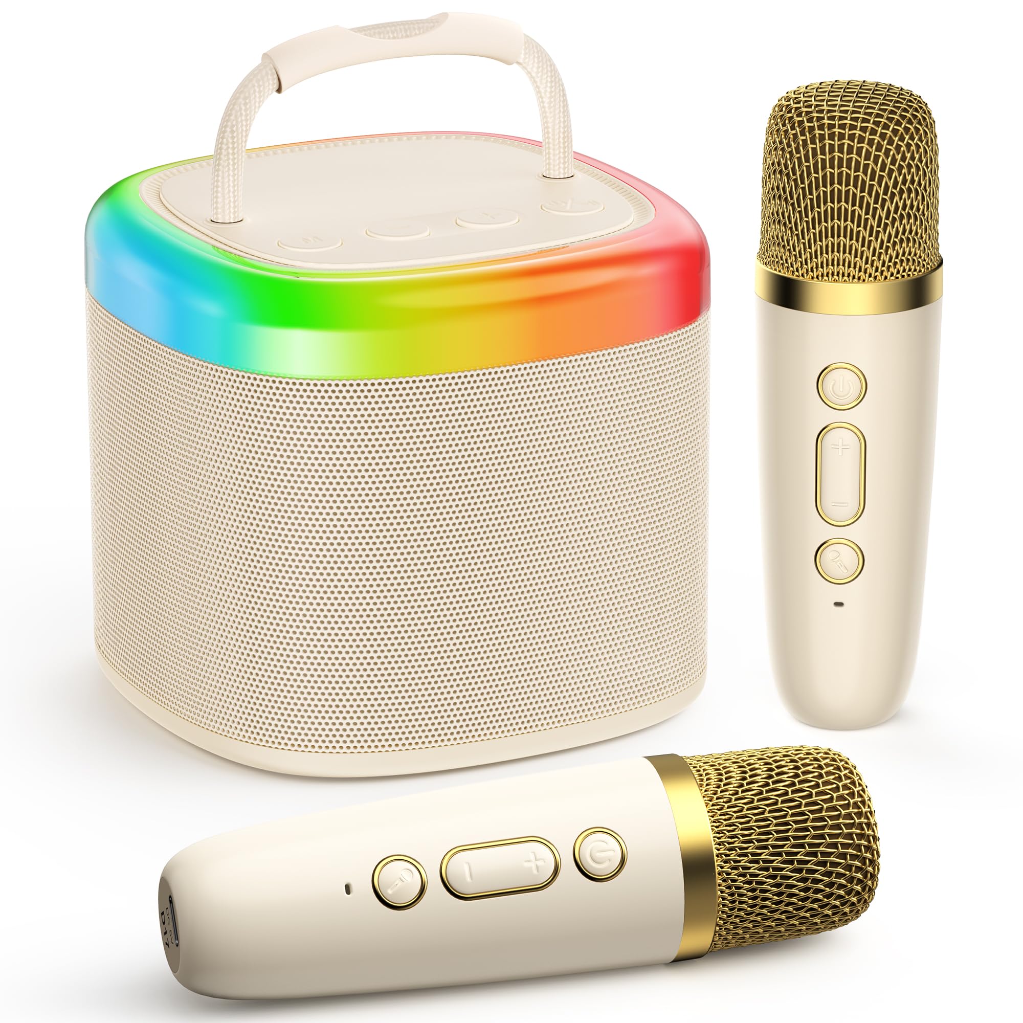 JYX Mini Karaoke Machine for Adults Kids, Portable Bluetooth Speaker with 2 Wireless Microphone, Home Party Karaoke Speaker Support SD Card/USB, Gift for Brithday and Toys for Girls/Boys, Beige