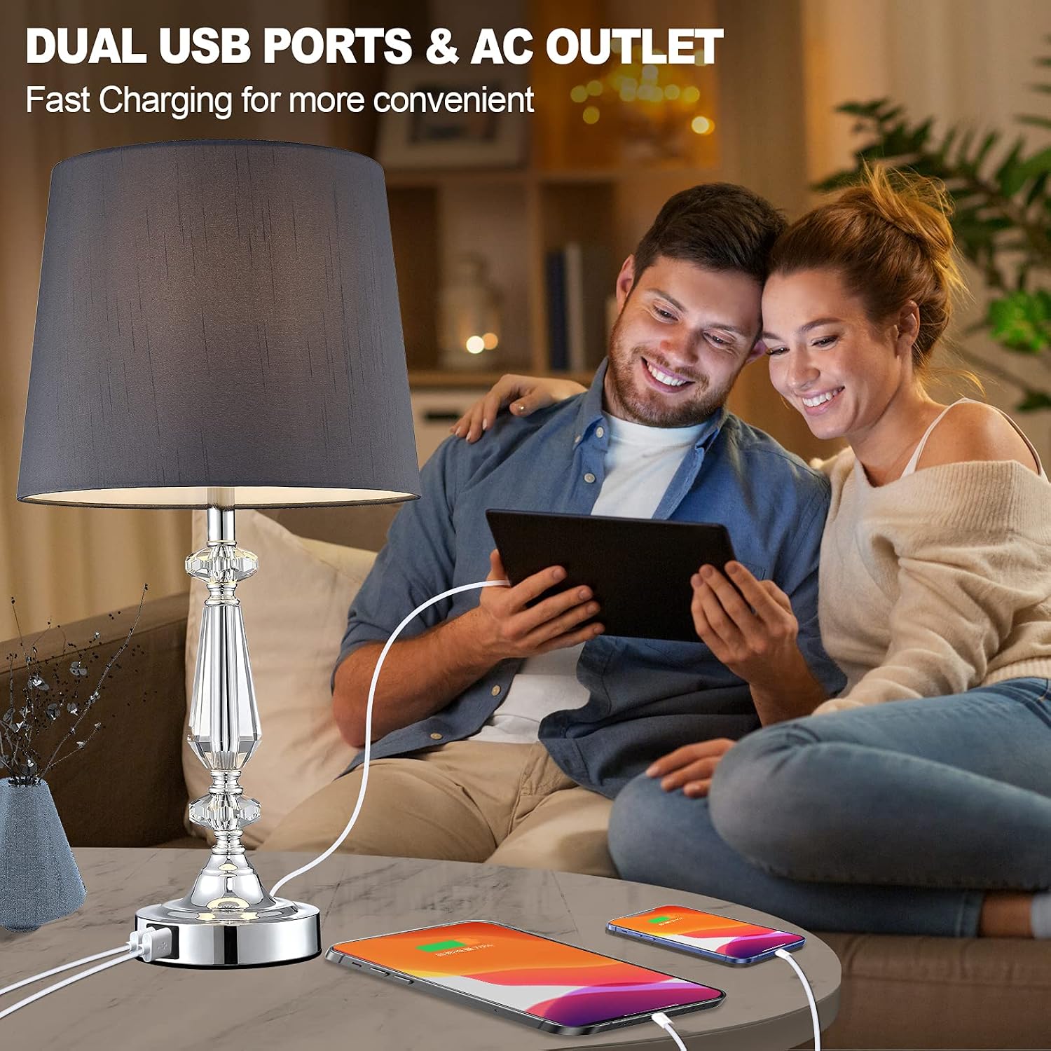 WIHTU Set of 2 Bedside Lamp Touch Control Lamps for Bedrooms, 3 Way Dimmable Crystal Table Lamp with 2 USB Ports, Modern Nightstand Lamp, Gray Shades, for Living Room, Guest Room, Bulbs Included