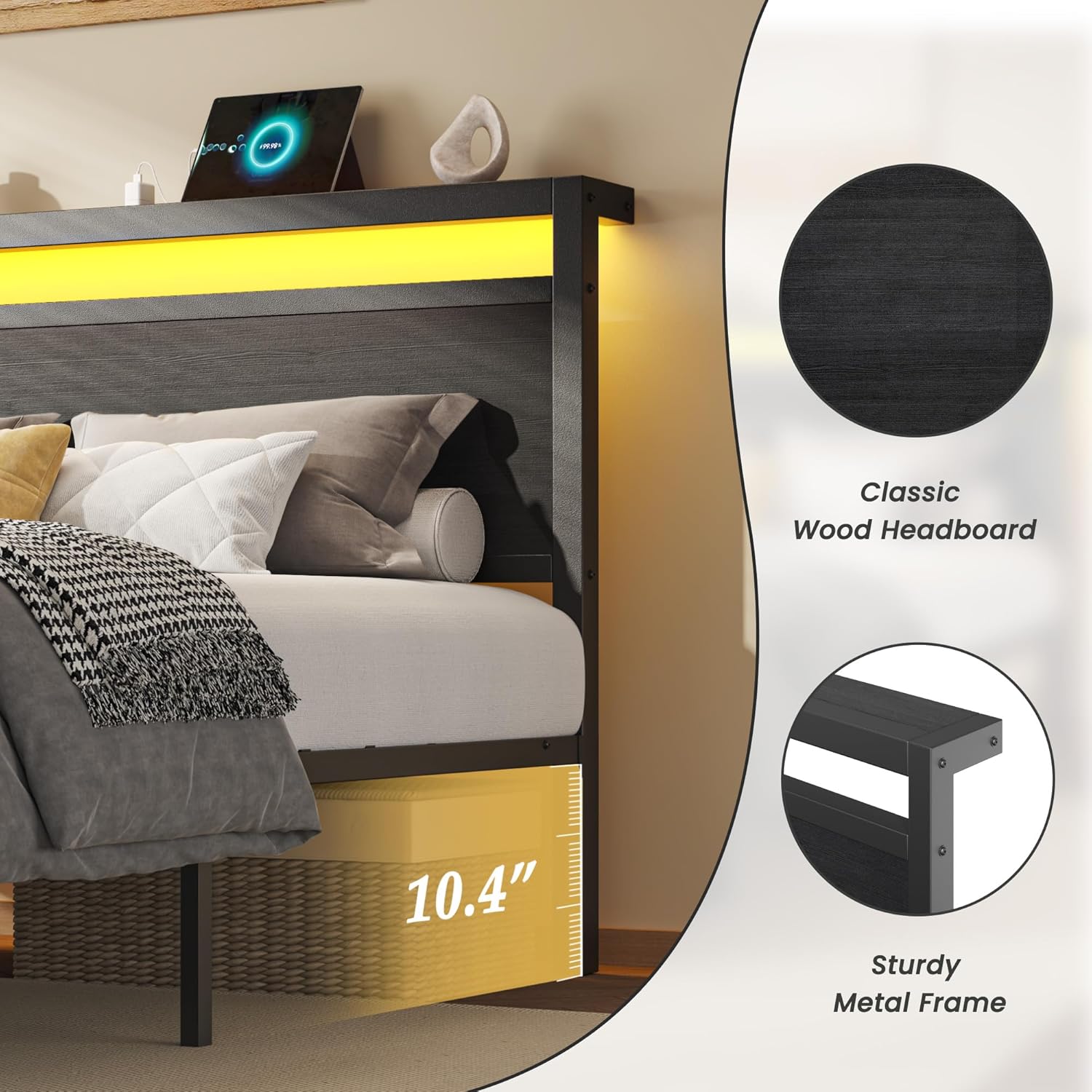 HISOFT Twin Bed Frame with Storage, Wood Headboard with Fast Charging Station, LED Lights, Platform Bed Frame Twin Size, Fabric Drawers with Wheels, No Box Spring Needed, Noise Free, Classic Black