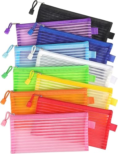 Tamaki Paquete de 10 bolsas de malla con cremallera para lápices, bolsa multicolor para bolígrafos, multiusos para suministros de oficina, bolsas de