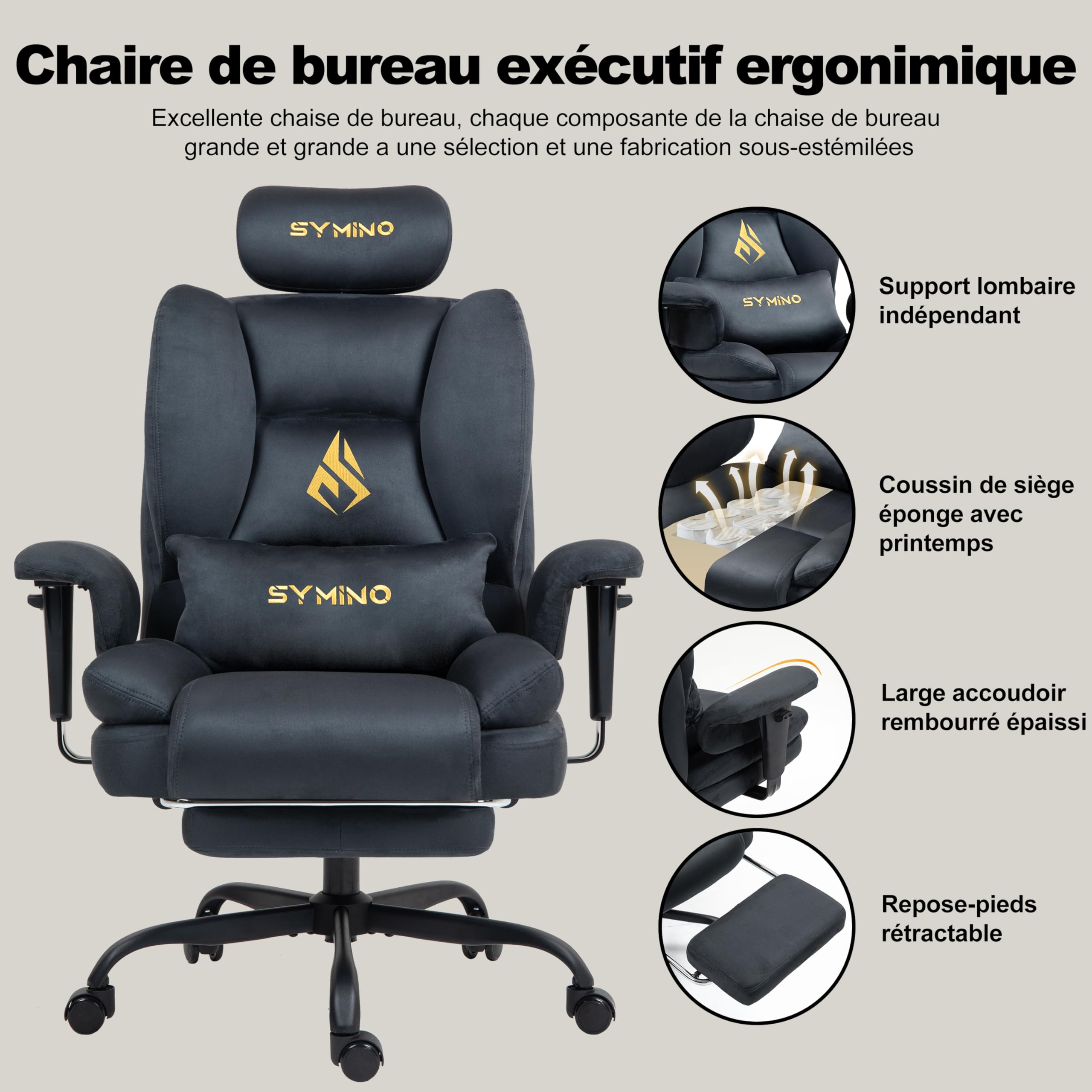 Symino Chaise de Bureau Ergonomique Fauteuil avec Repose-Pieds - Siège en Imitation Daim Gris - Réglable Hauteur et Accoudoirs - Capacité 130kg
