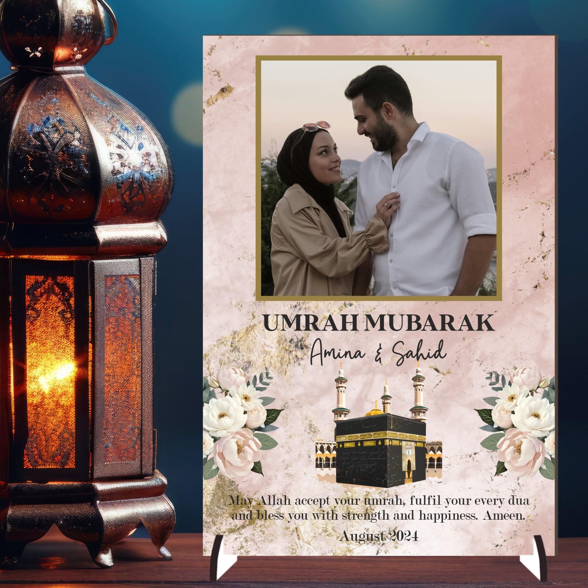 Personalised May Allah Accept Your Umrah Design with Kaaba & Floral Decor Pilgrimage Keepsake Gift for Religious Keepsakes Umrah Mubarak Plaque for Families (Pink, MDF Wood - A4)
