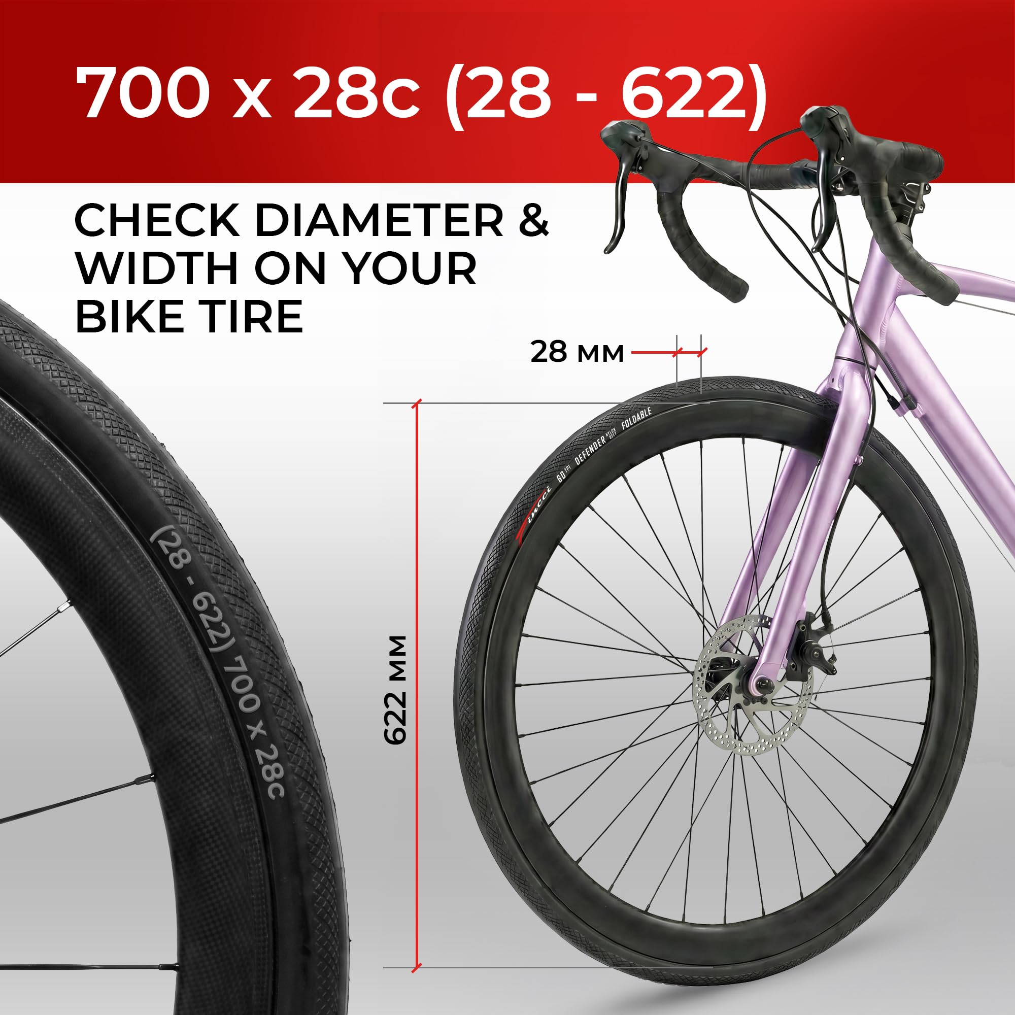 Fincci Cubiertas 700x28c Bicicleta, Par Neumatico Bici Carretera con 1mm Antipinchazos 28-622 60TPI, Gomas 28-29 para Ciclo Carrera Carretera Turismo Bici Bicicleta - Paquete de 2 28-622