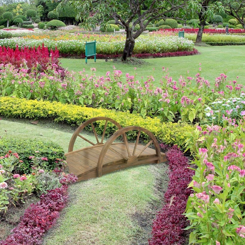 Wooden Garden Bridge for Outdoor Use - 3.3ft Arched Footbridge with Half-Wheel Railings and Weather-Resistant Fir Wood Construction