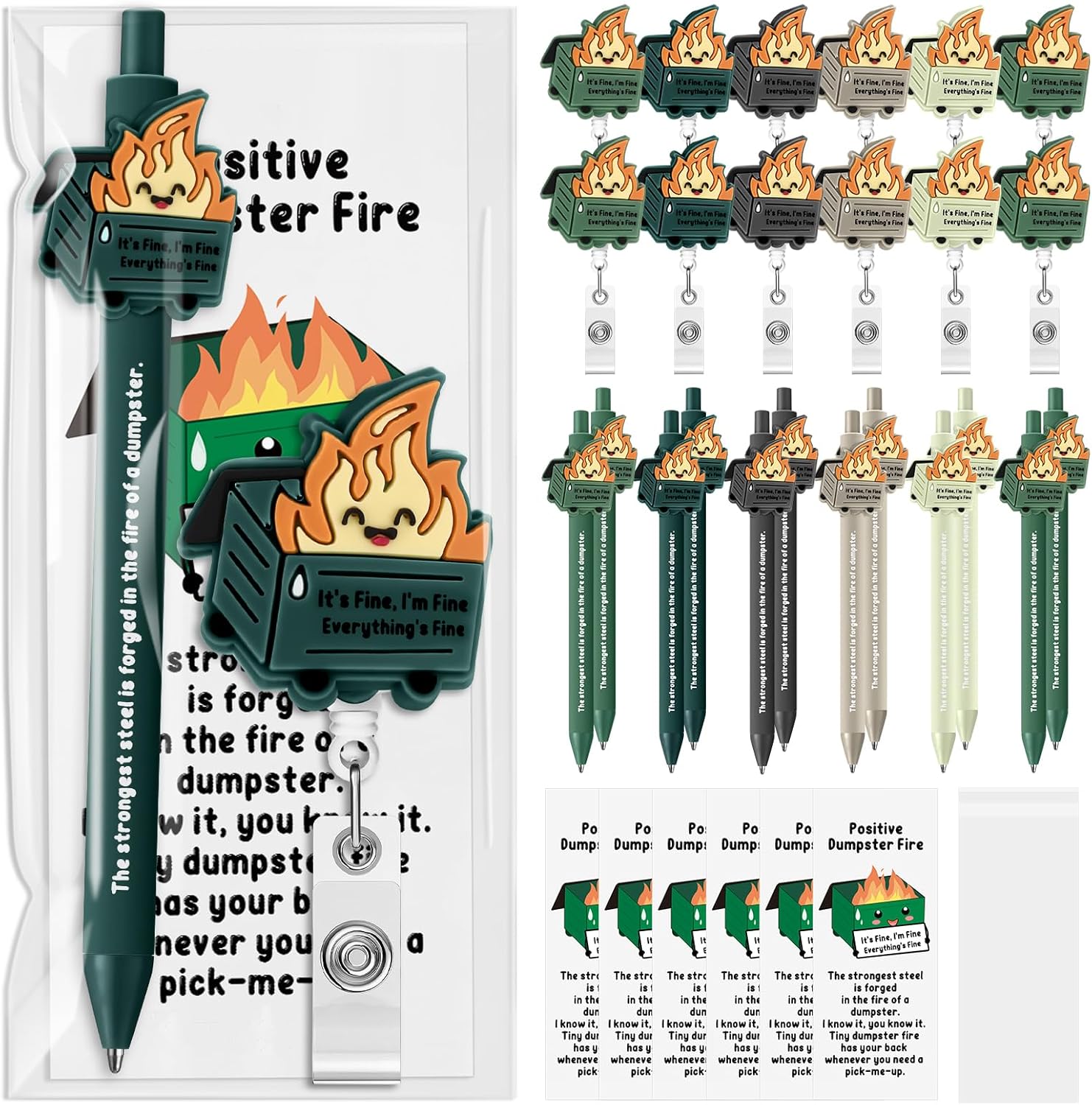 96 Sets Dumpster Fire Badge Reel and Pen Gift Bulk Lab Week Gifts Lab Tech Retractable Badge Holder Bookmark Dumpster Fire Response Team for Nurse RN LPN CNA MA Medical Doctor Coworker Teacher