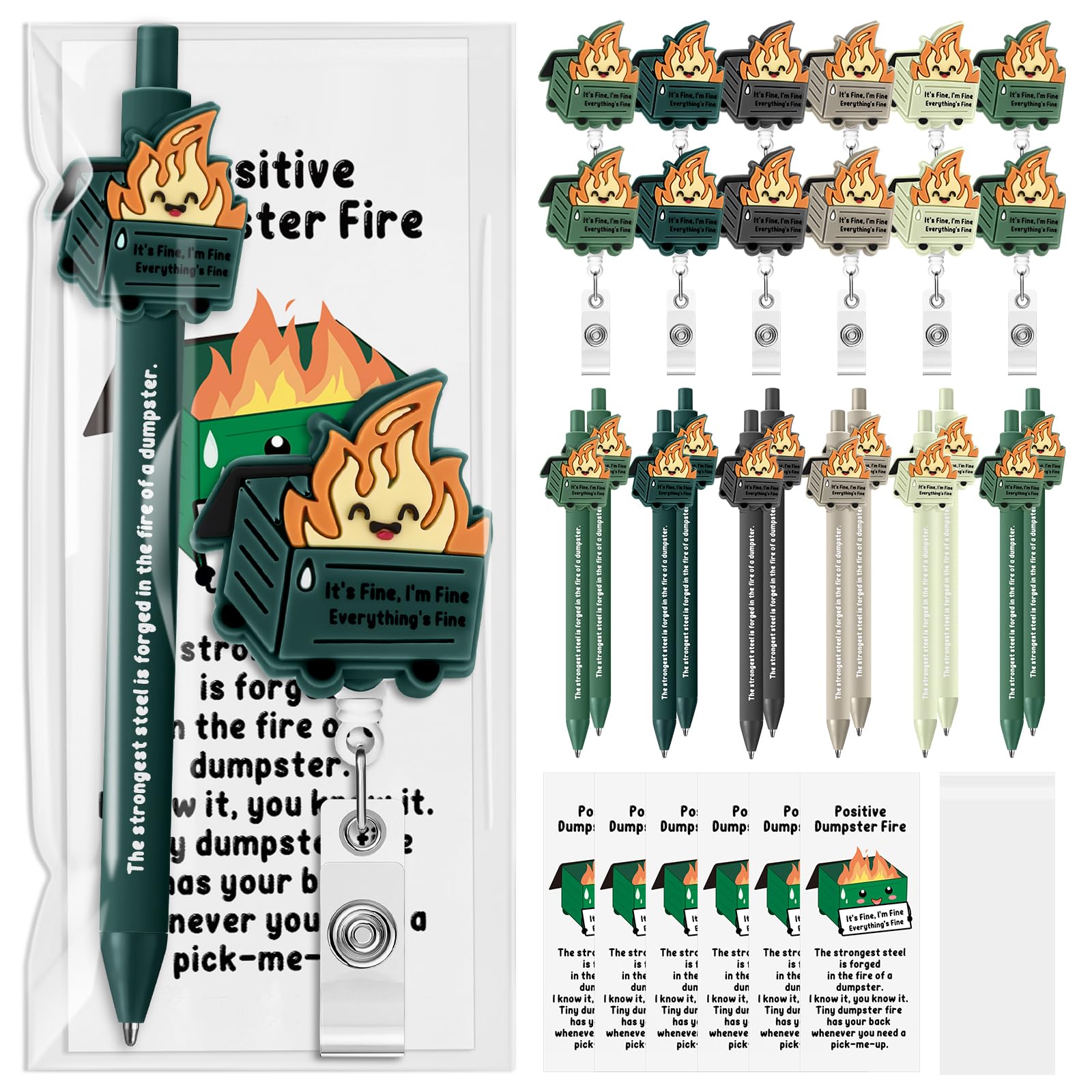 12 Sets Dumpster Fire Gift Employee Funny Ballpoint Pen Nurse Badge Reel Retractable ID Name Holder Bookmark Dumpster Fire Desk Accessories for Office