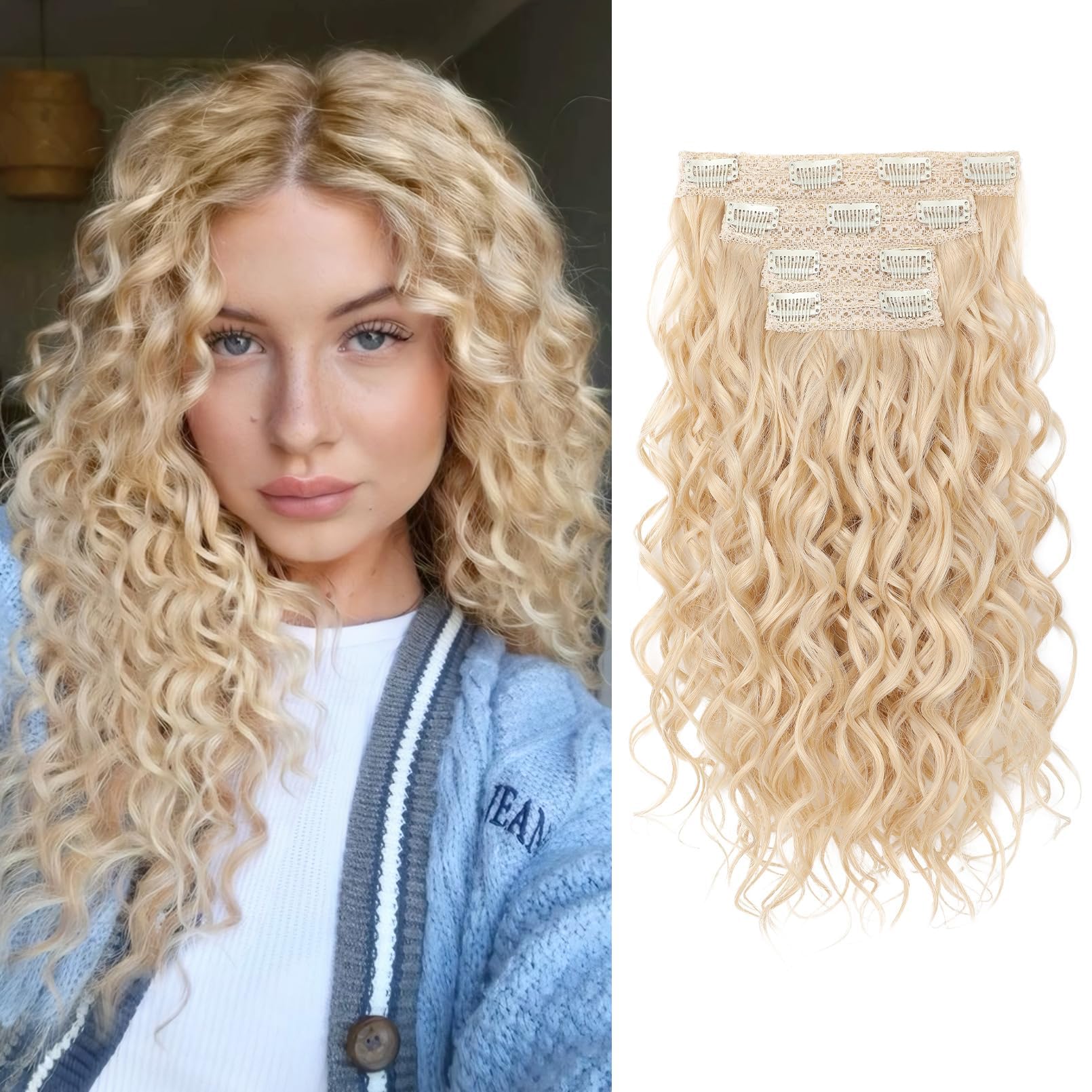 Photo 1 of REECHO Curly Clip-in Hair Extensions, 16 inch, Light Blonde