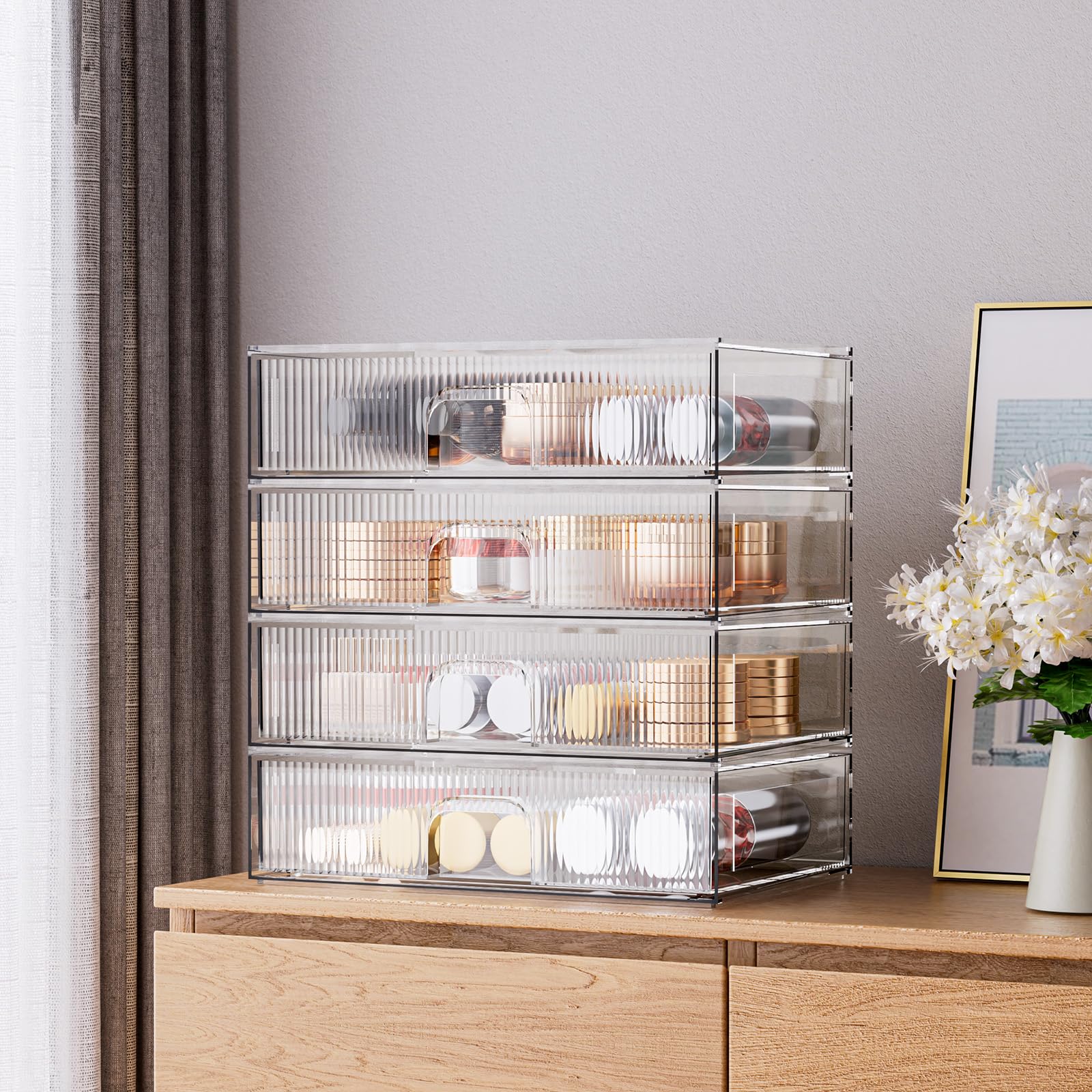 ZHIAI Cassetto portaoggetti impilabile, 4 pezzi, organizer in acrilico per cosmetici e prodotti di bellezza, adatto per cassettiere, bagno, armadi, ripostigli, camere da letto e organizzatori per la